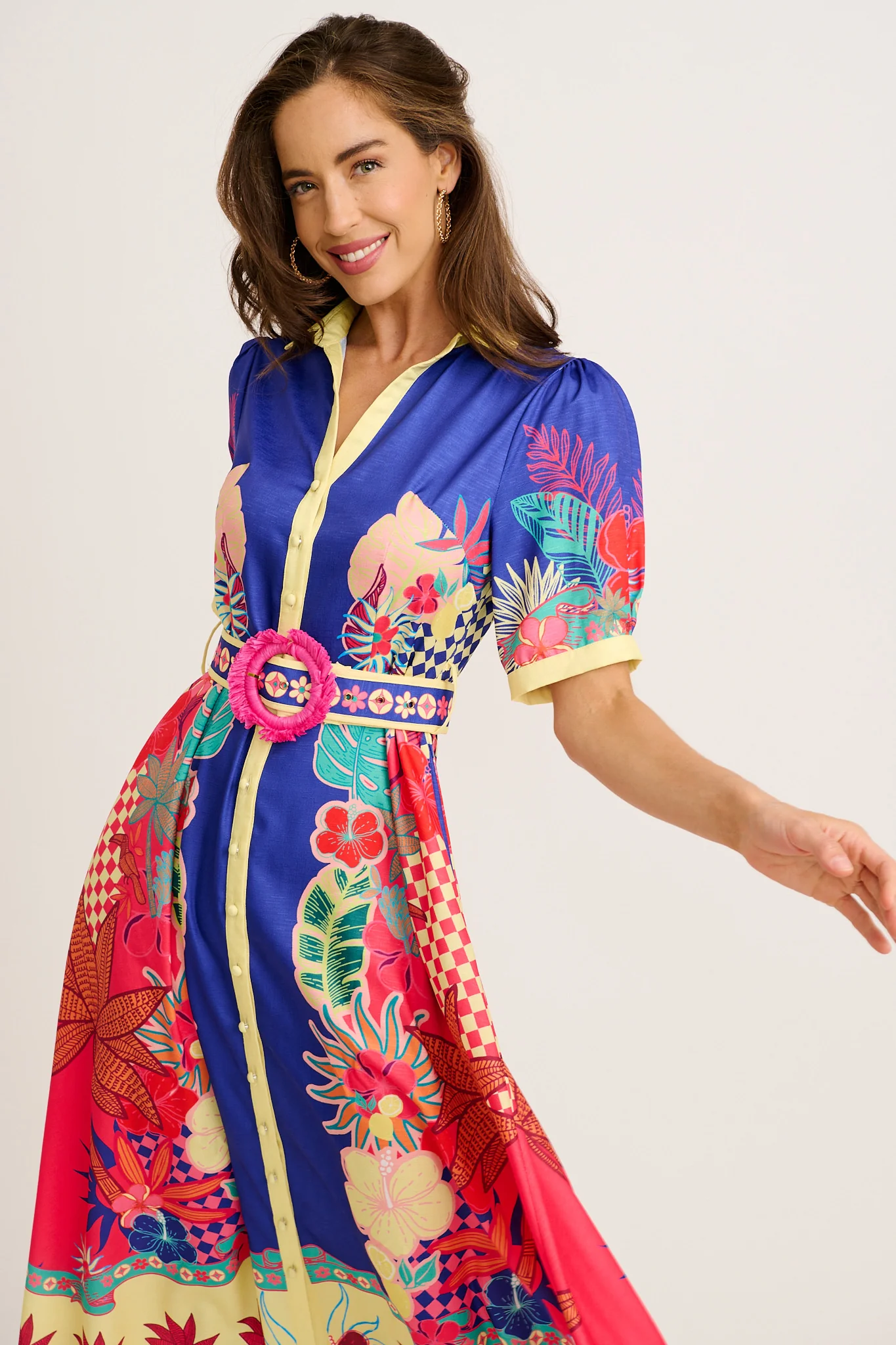 Sunbeam Maxi Shirt Dress in Blue with Multi Print Linen Blend - Image 8