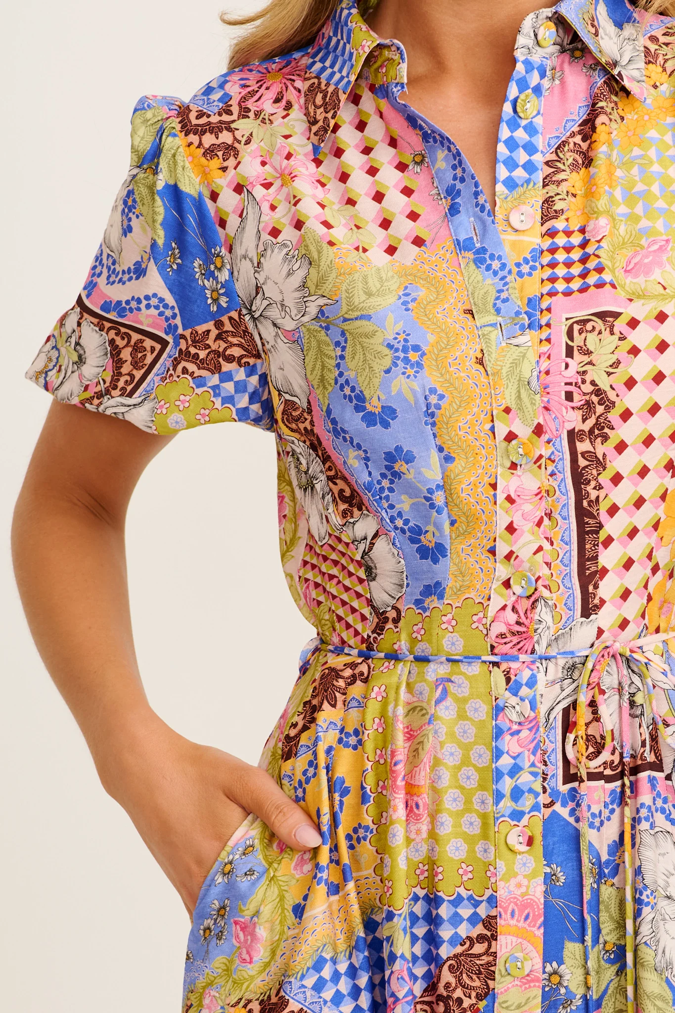 Sundrop Midi Shirt Dress in Multi Patchwork Print - Image 5