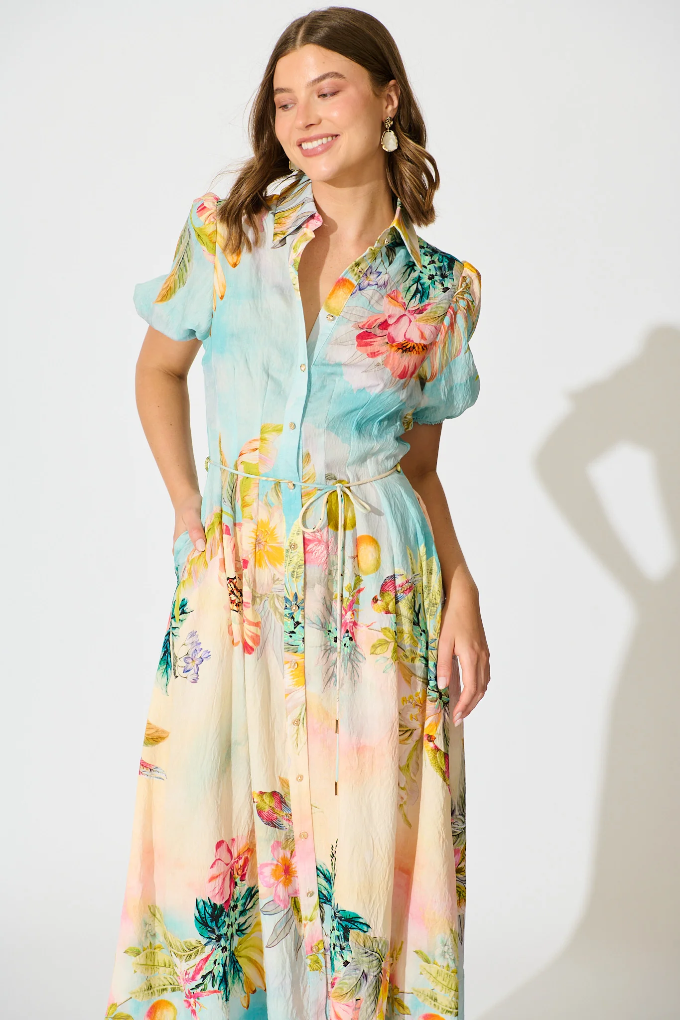 Sundrop Midi Shirt Dress in Multi Tropical Floral Print - Image 6