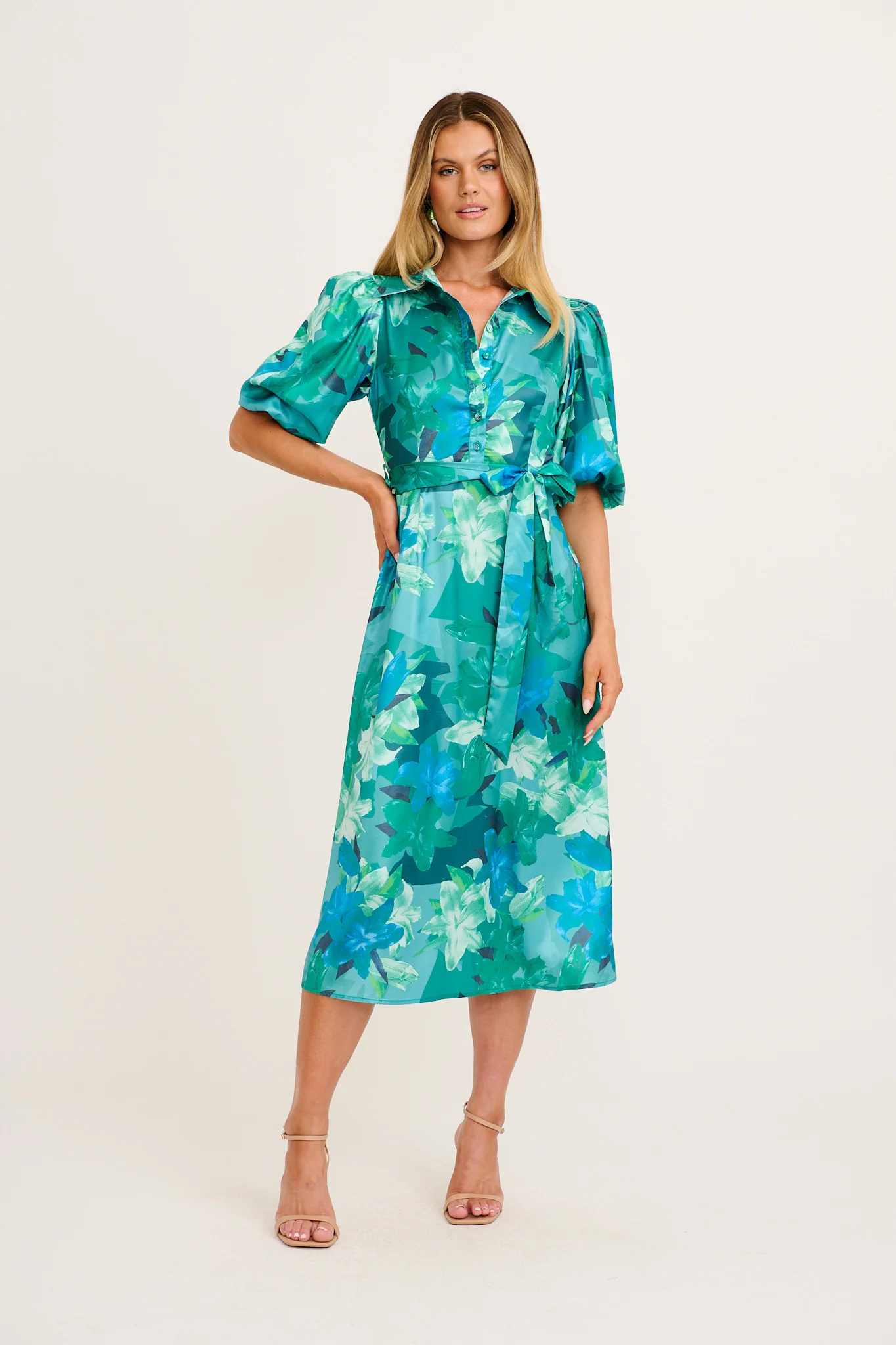 Sunia Midi Shirt Dress in Emerald Floral Satin