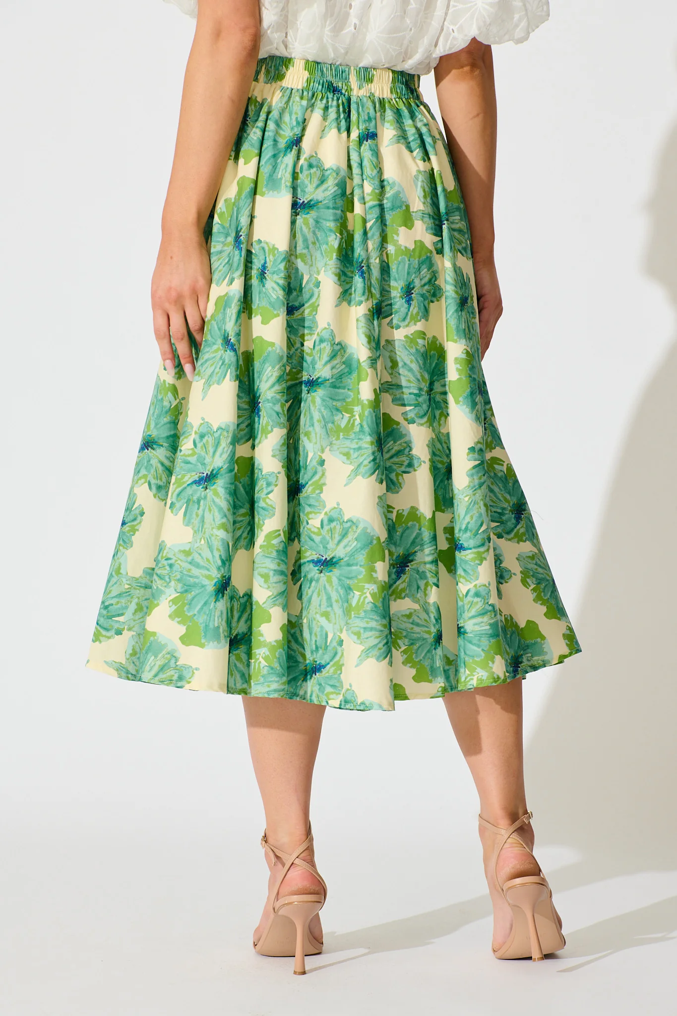 Sunlit Petals Midi Skirt in Green Floral Print Cotton - Image 3