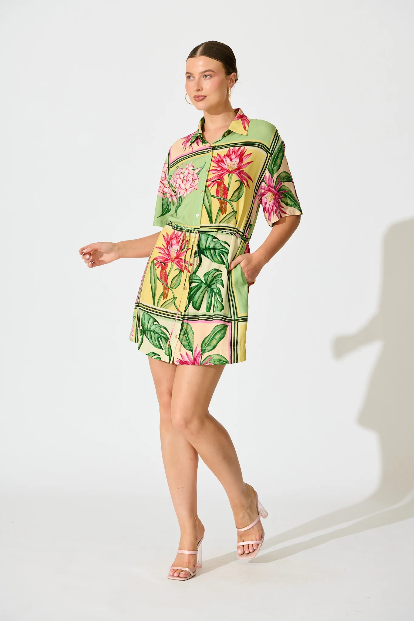 Sunrise Shirt Dress in in Yellow Multi Tile Print - Image 3