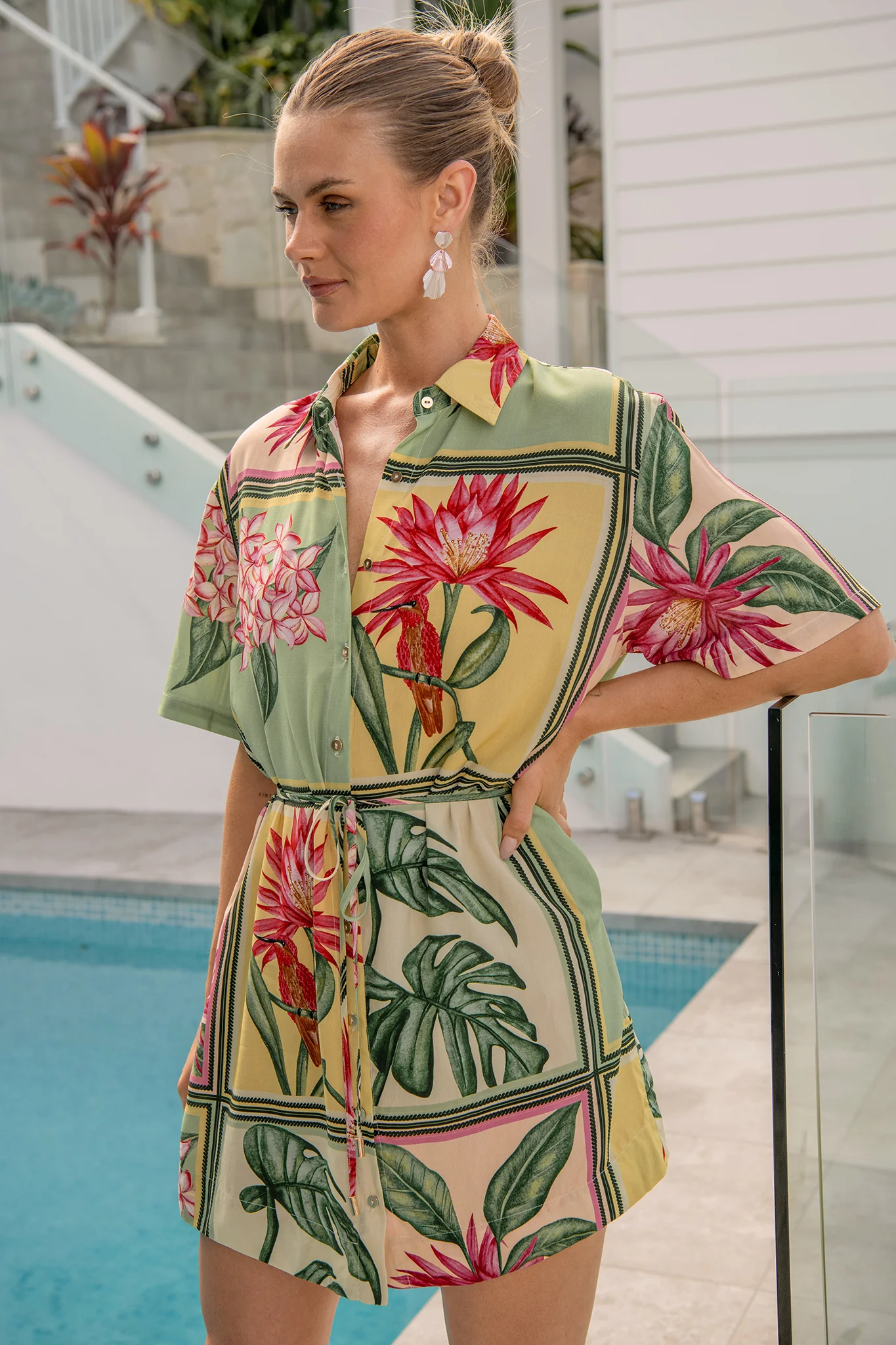 Sunrise Shirt Dress in in Yellow Multi Tile Print - Image 4