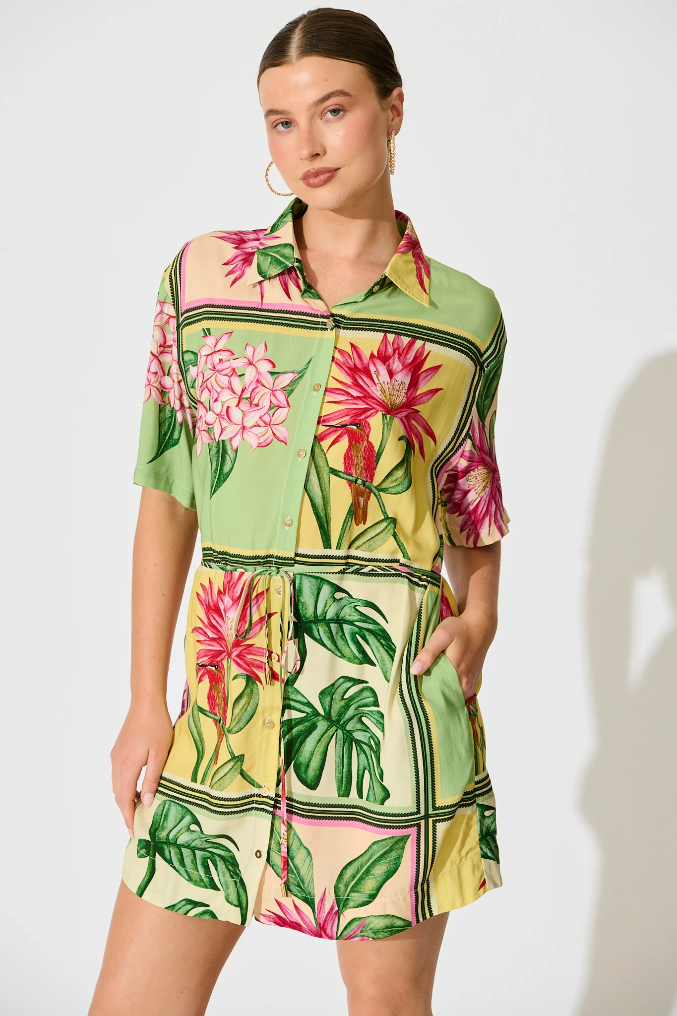 Sunrise Shirt Dress in in Yellow Multi Tile Print - Image 5