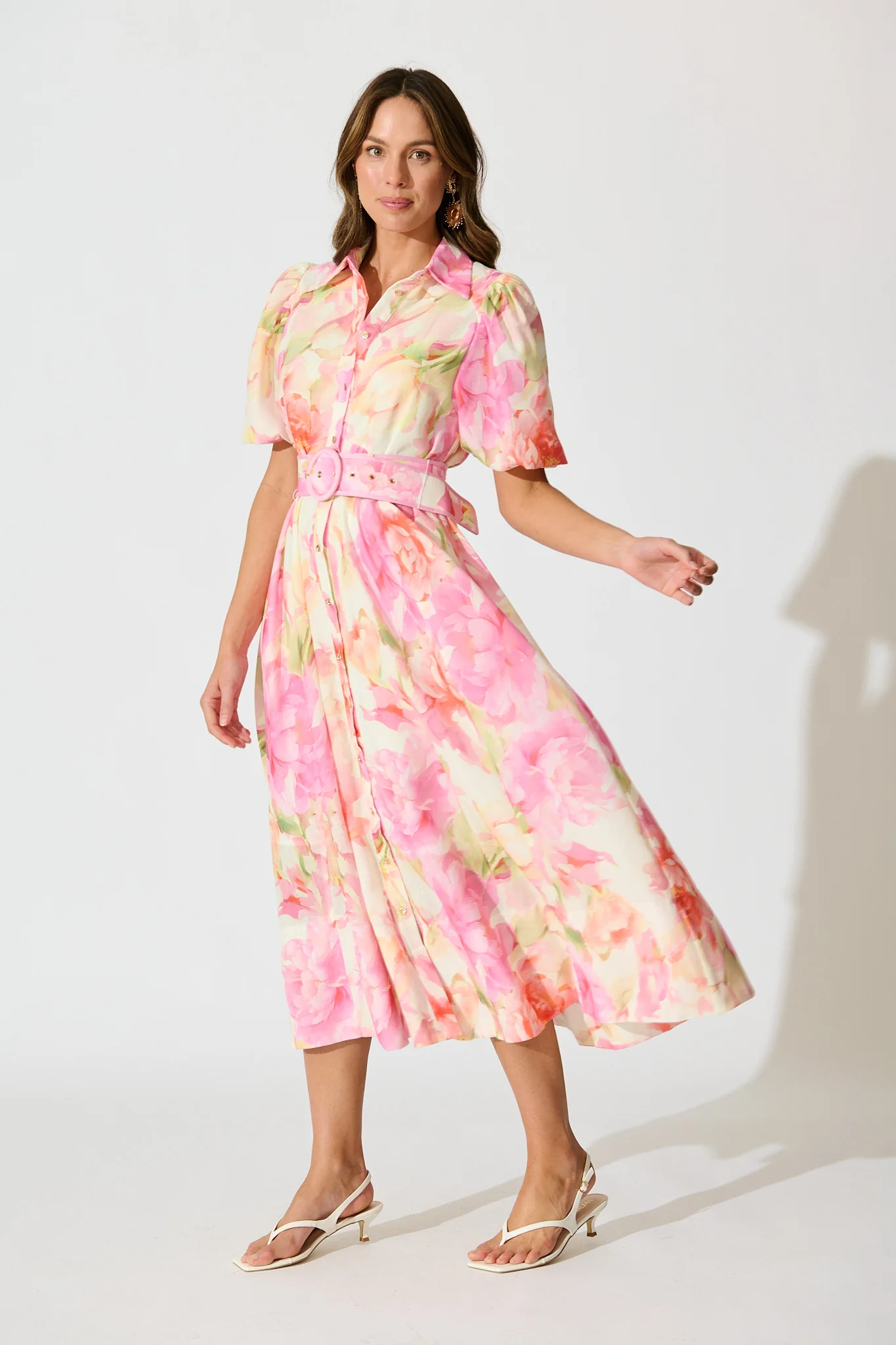 Sunset Bouquet Maxi Shirt Dress in Pink Multi Floral Linen Blend - Image 3