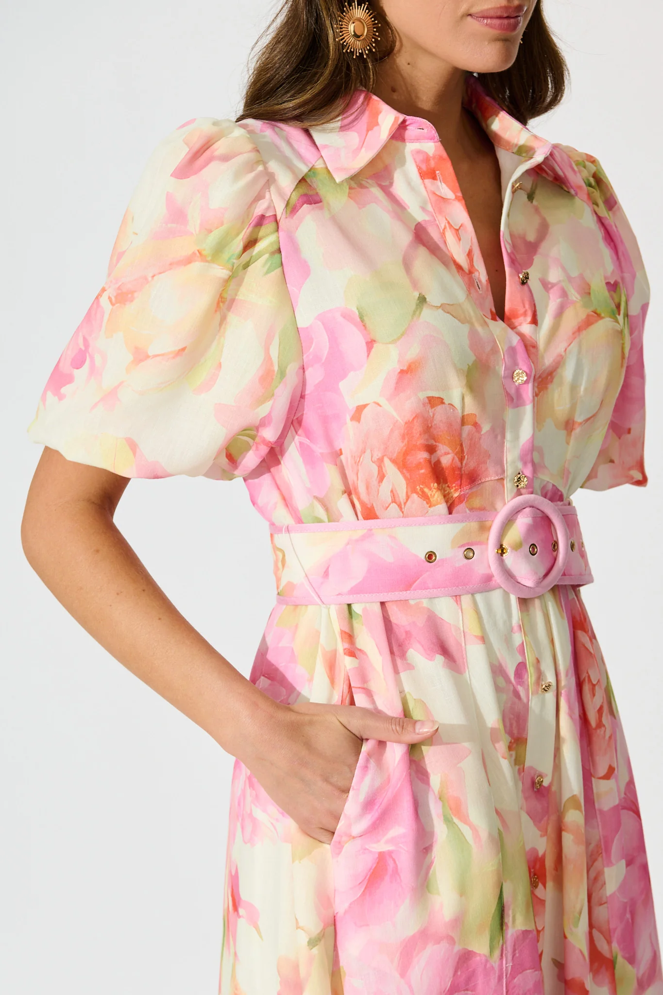 Sunset Bouquet Maxi Shirt Dress in Pink Multi Floral Linen Blend - Image 5