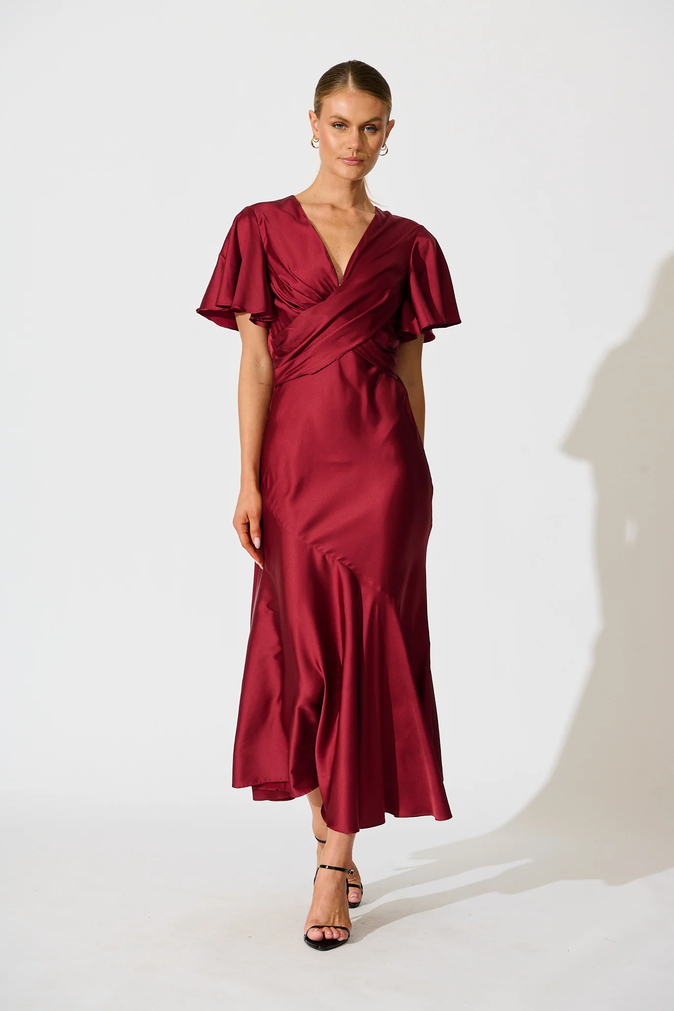 Sunset Serenade Maxi Dress in Wine Satin - Image 3