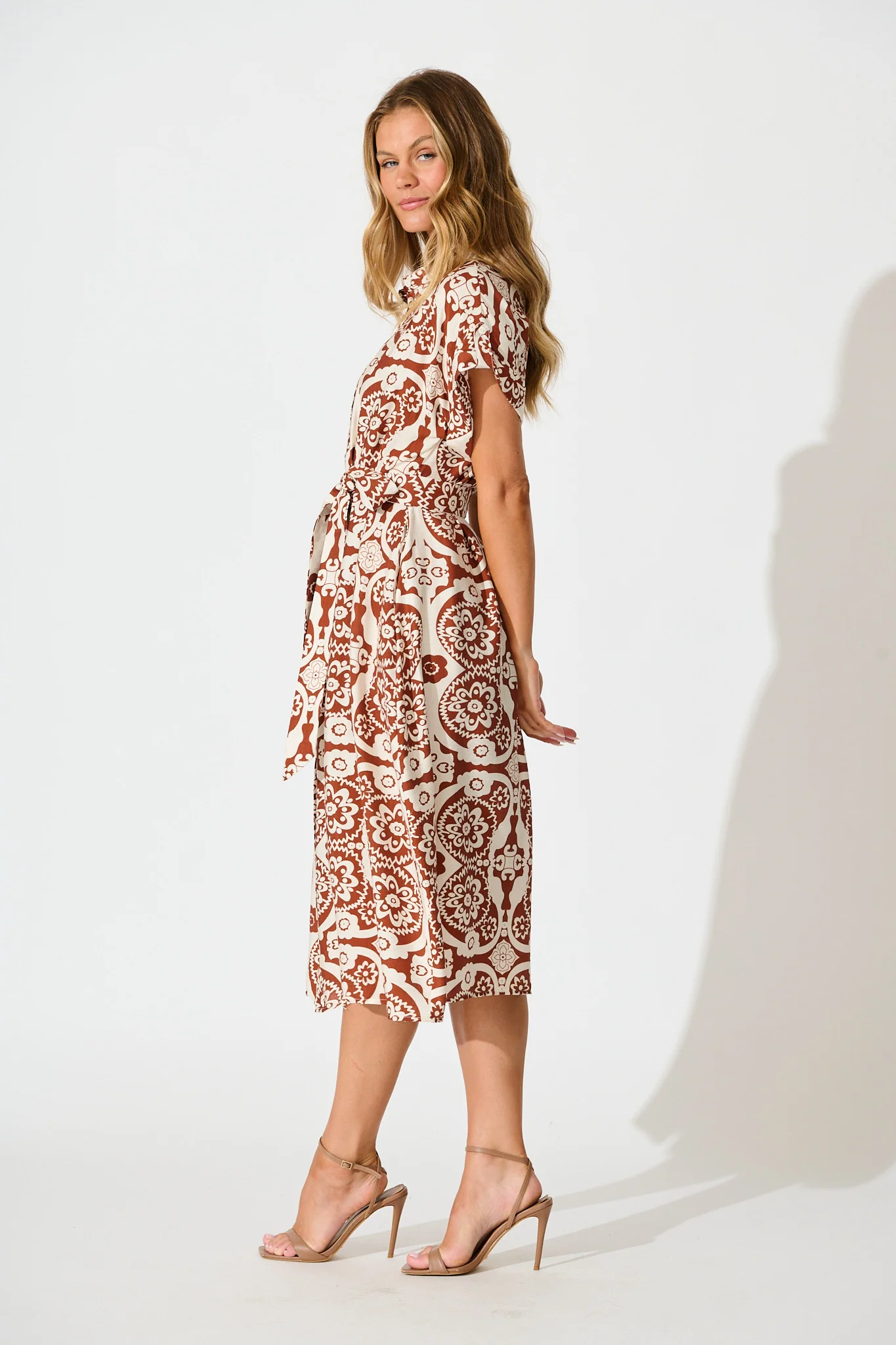 Sweet Talk Midi Shirt Dress in Brown Print - Image 3