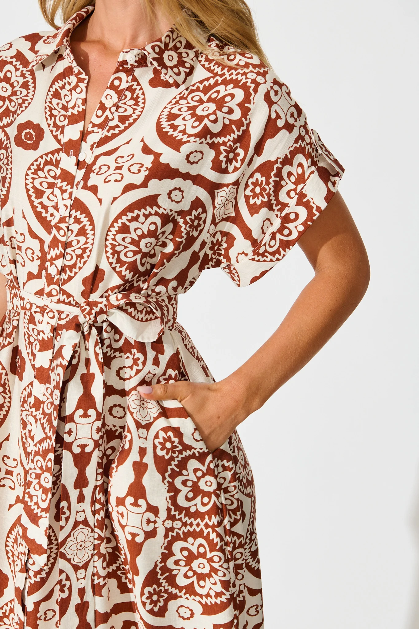 Sweet Talk Midi Shirt Dress in Brown Print - Image 5