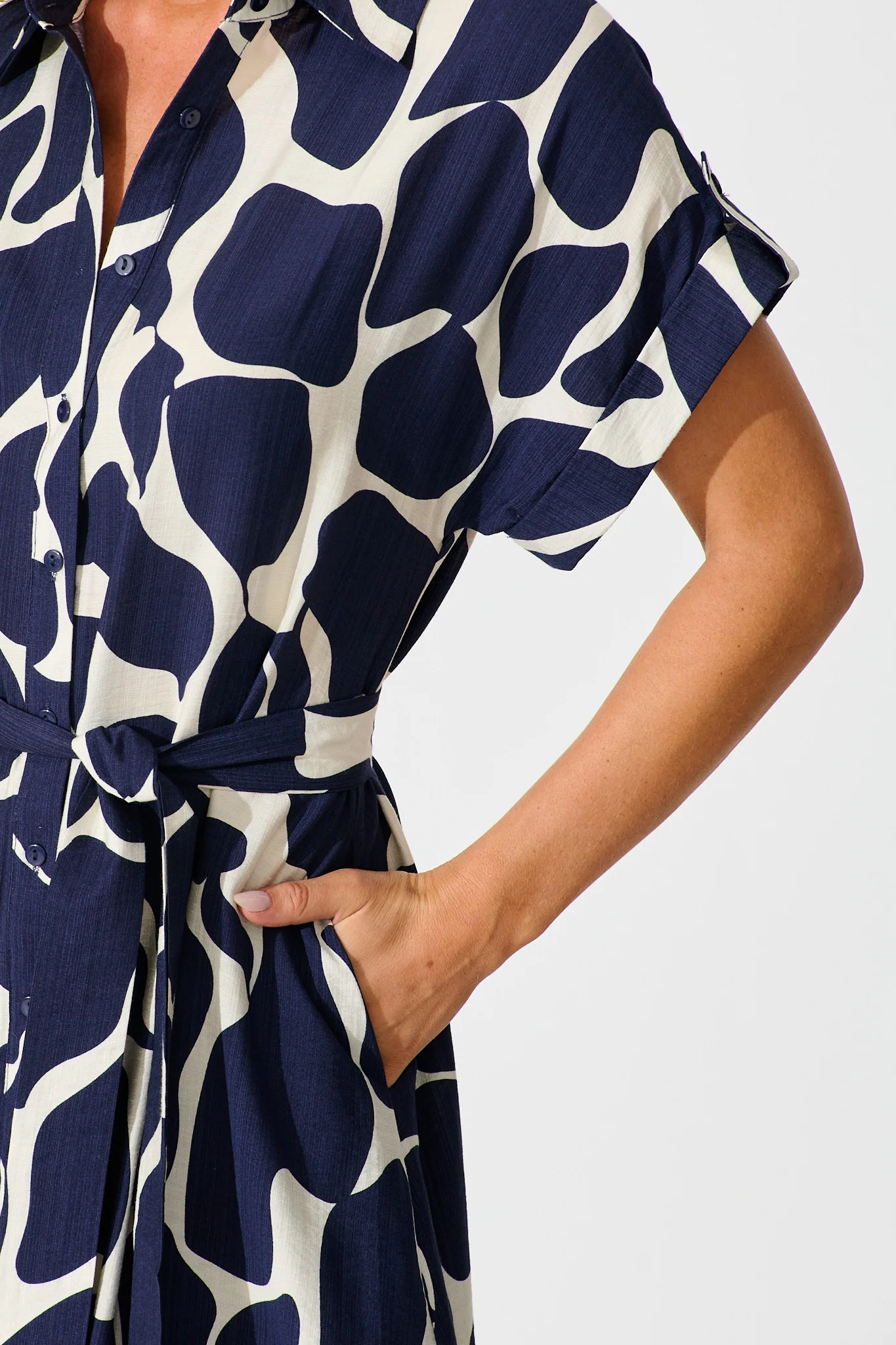 Sweet Talk Midi Shirt Dress in Navy and Cream Print - Image 5