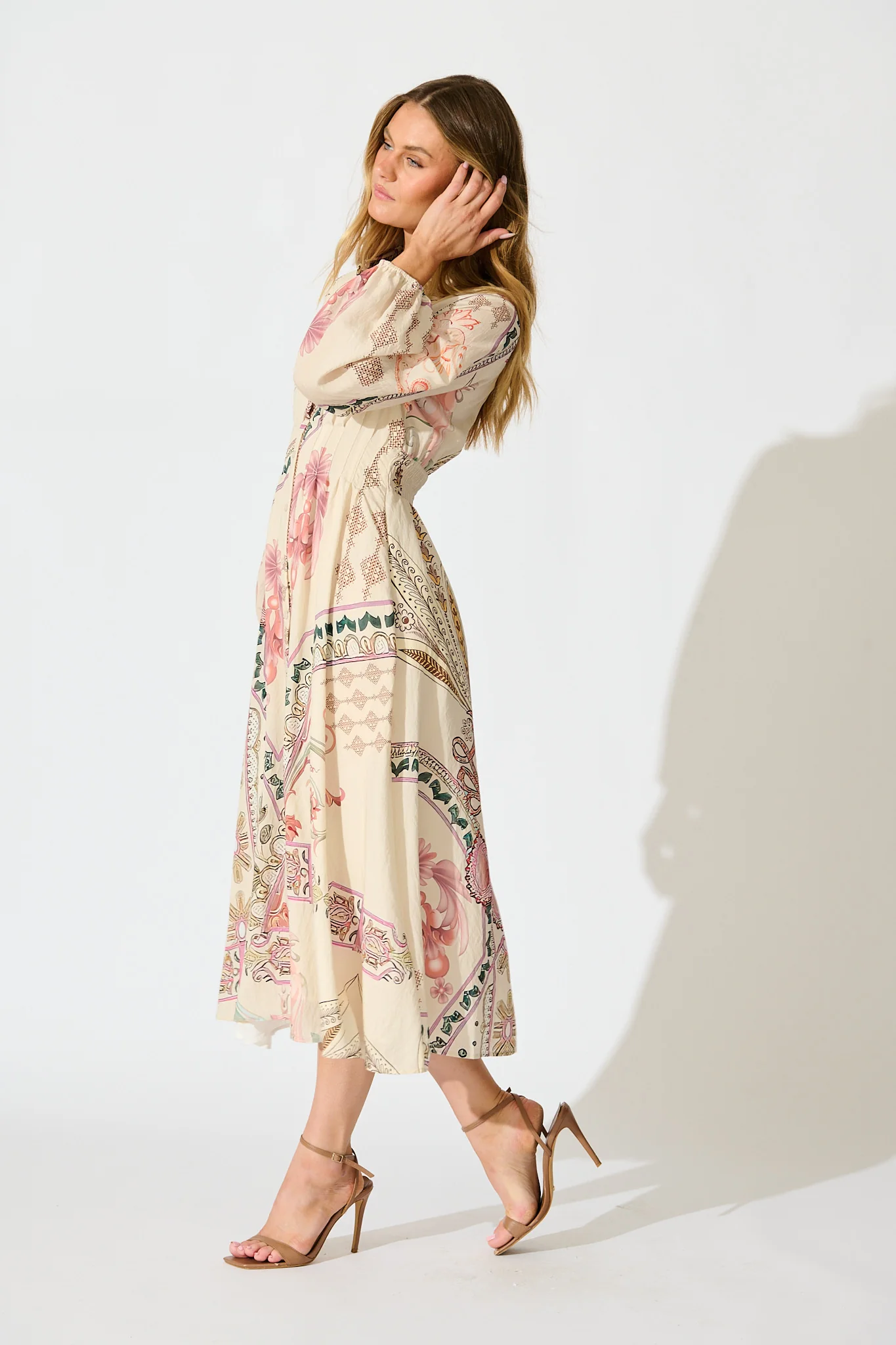 Sylvie Midi Shirt Dress in Cream with Blush Floral - Image 3