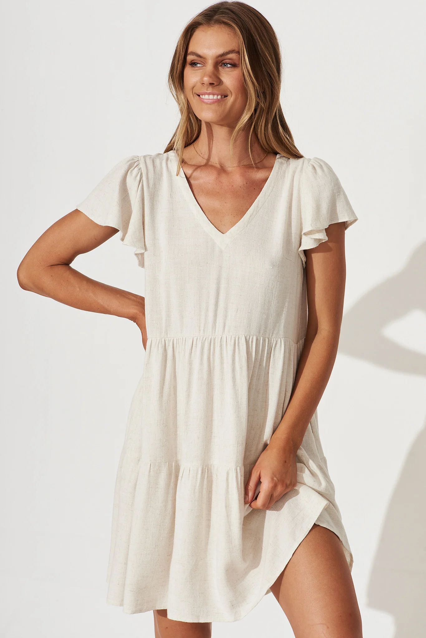 Tahiti Smock Dress In Oatmeal Linen Blend - Image 2