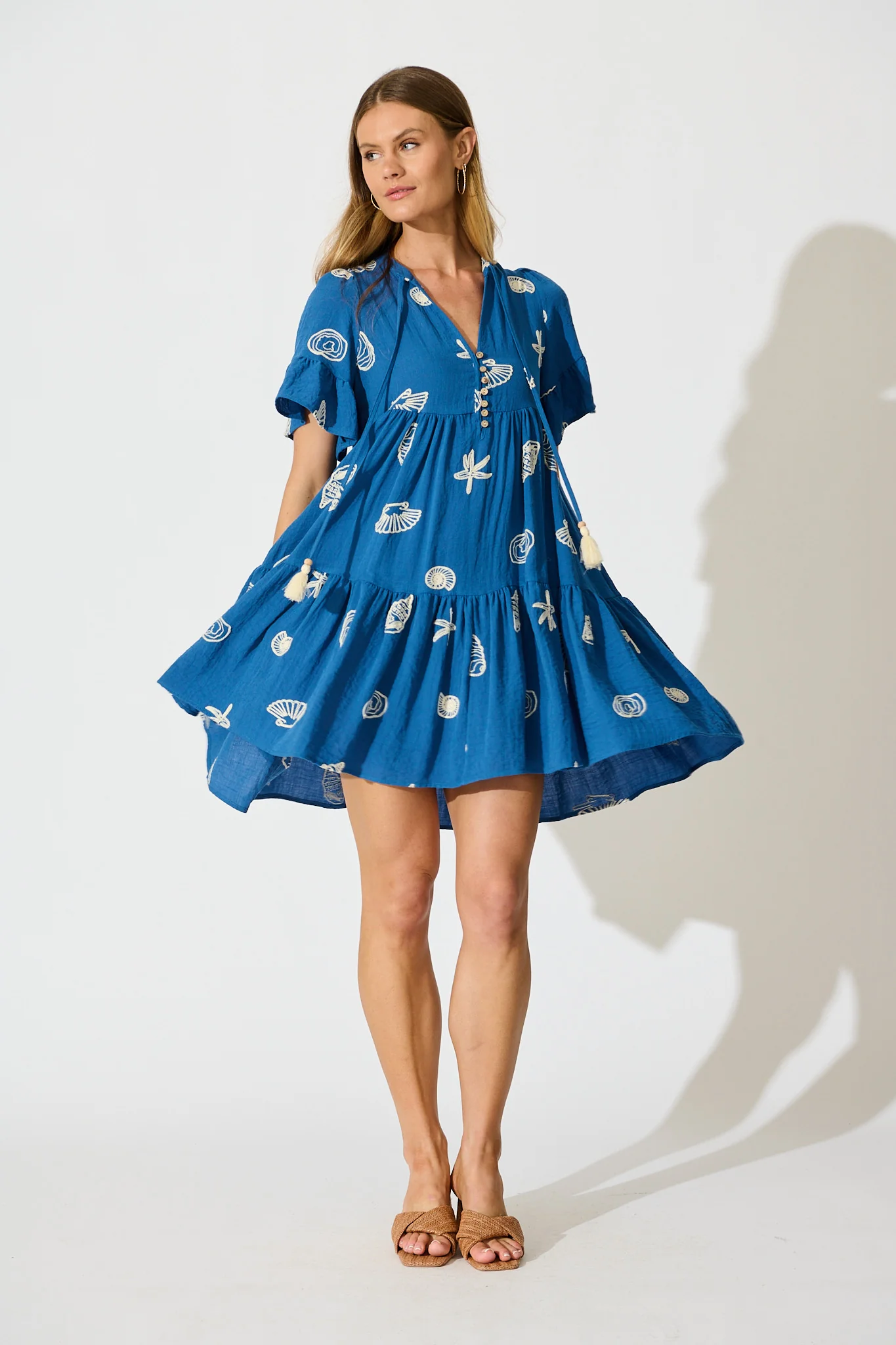 Tahnee Smock Dress in Blue with White Seashell Embroidery