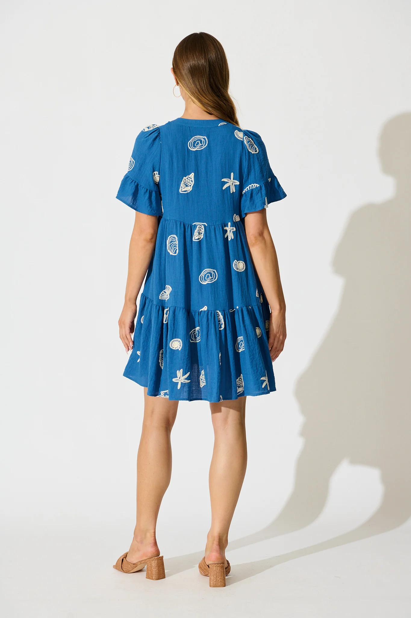 Tahnee Smock Dress in Blue with White Seashell Embroidery - Image 4