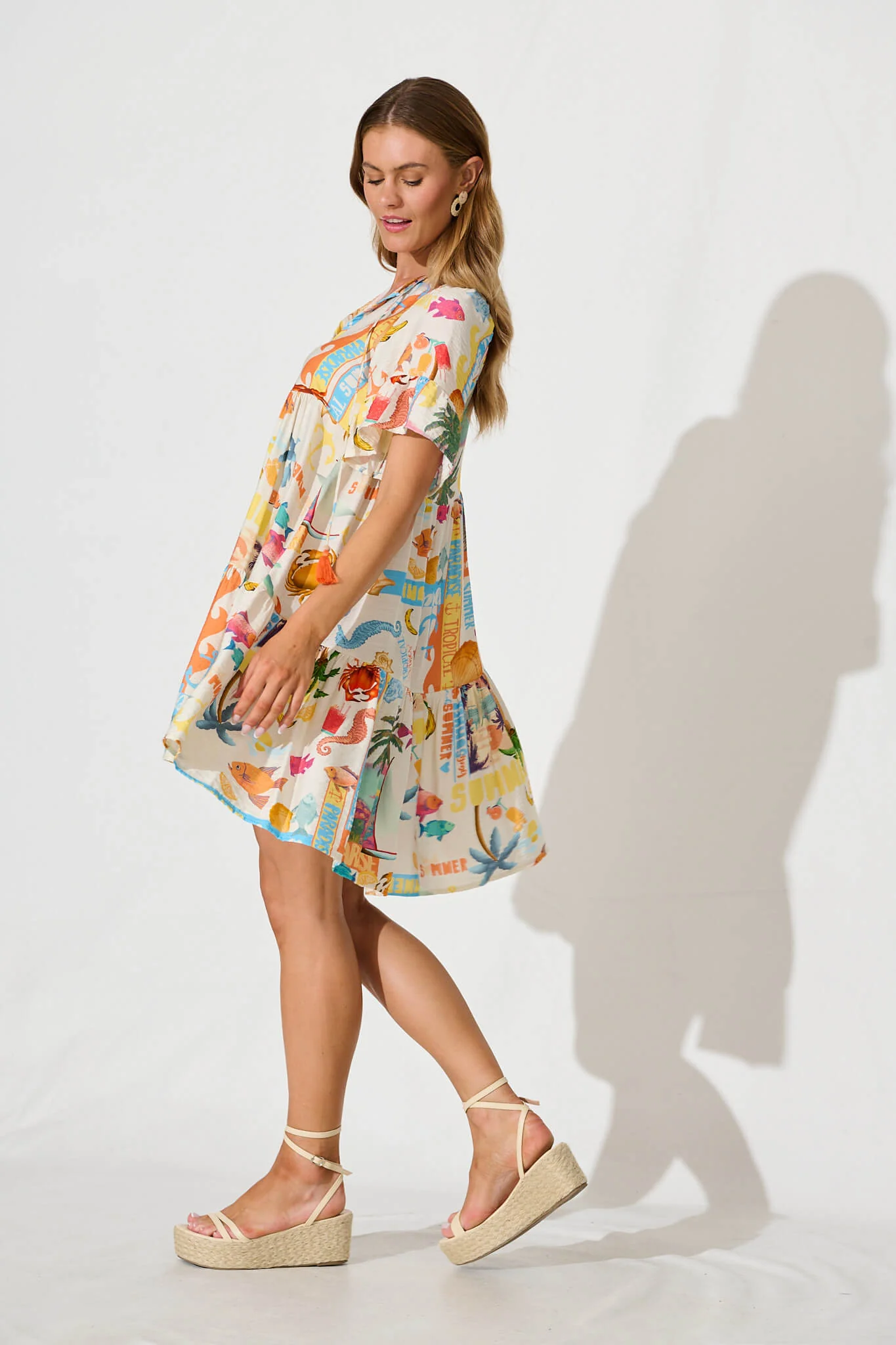 Tahnee Smock Dress In Cream With Multi Summer Print - Image 3