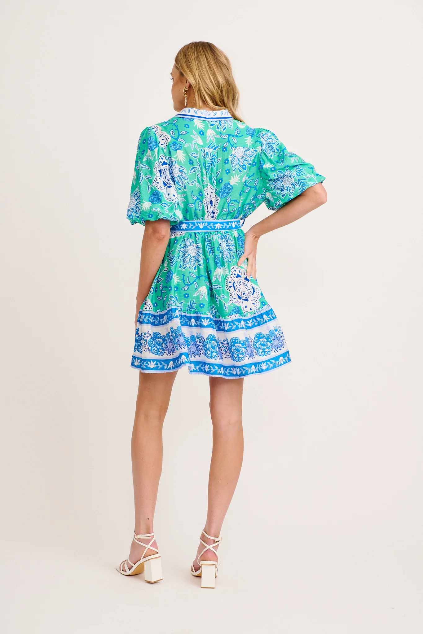 Tainy Shirt Dress in Green with Blue Floral Linen Blend - Image 4