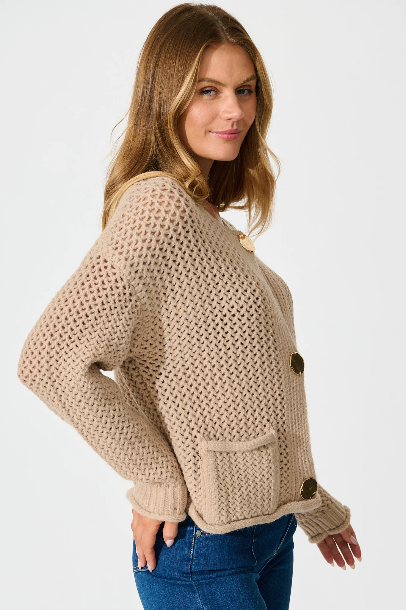 Tala Knit Cardigan in Beige with Gold Buttons Wool Blend - Image 2
