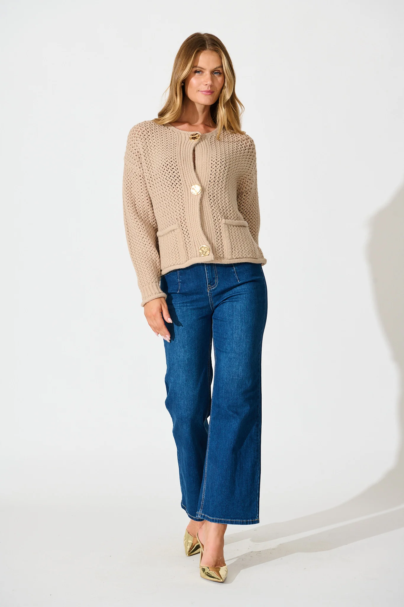 Tala Knit Cardigan in Beige with Gold Buttons Wool Blend - Image 4