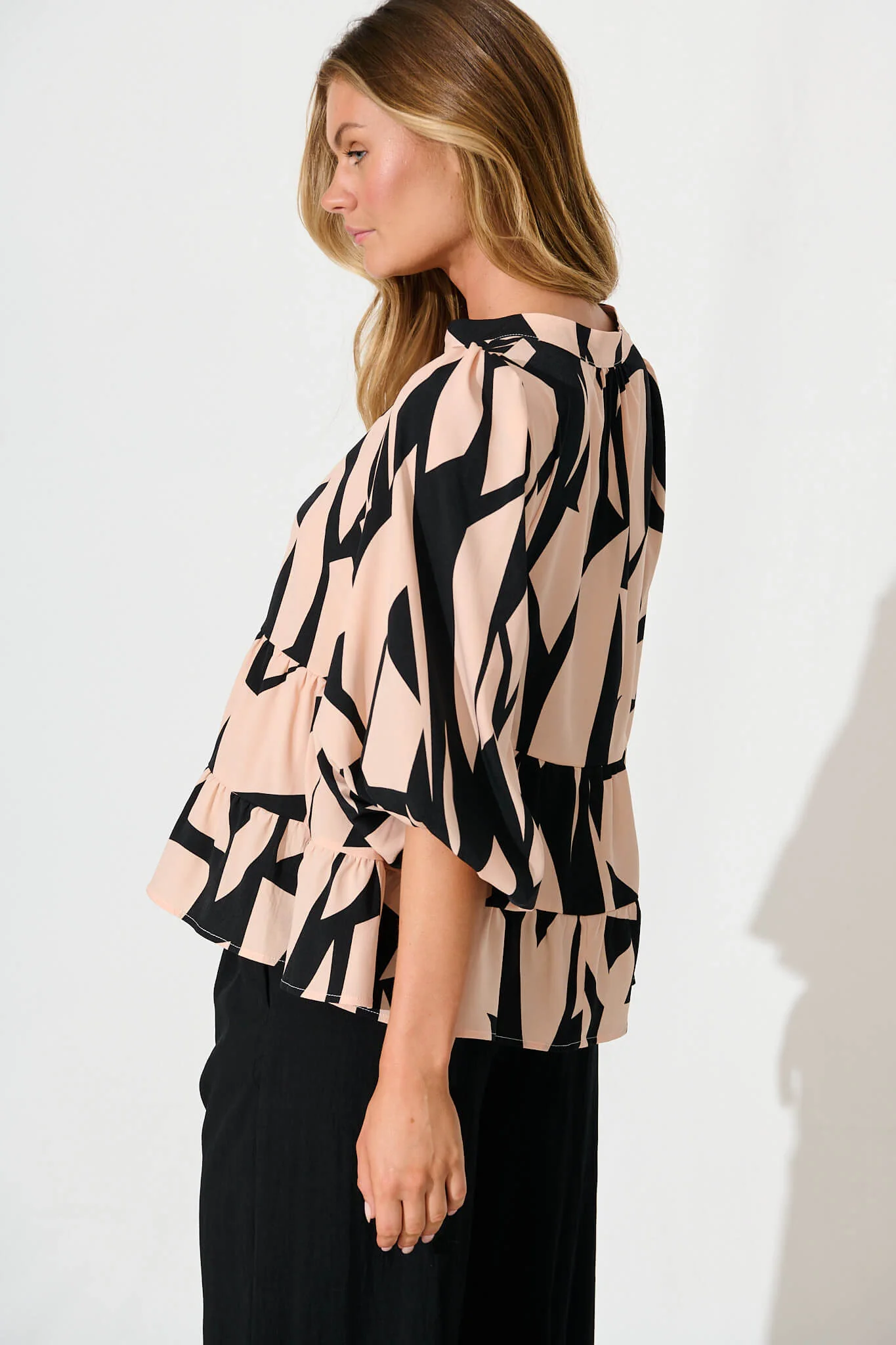 Talena Top in Black and Beige Geometric Print - Image 3