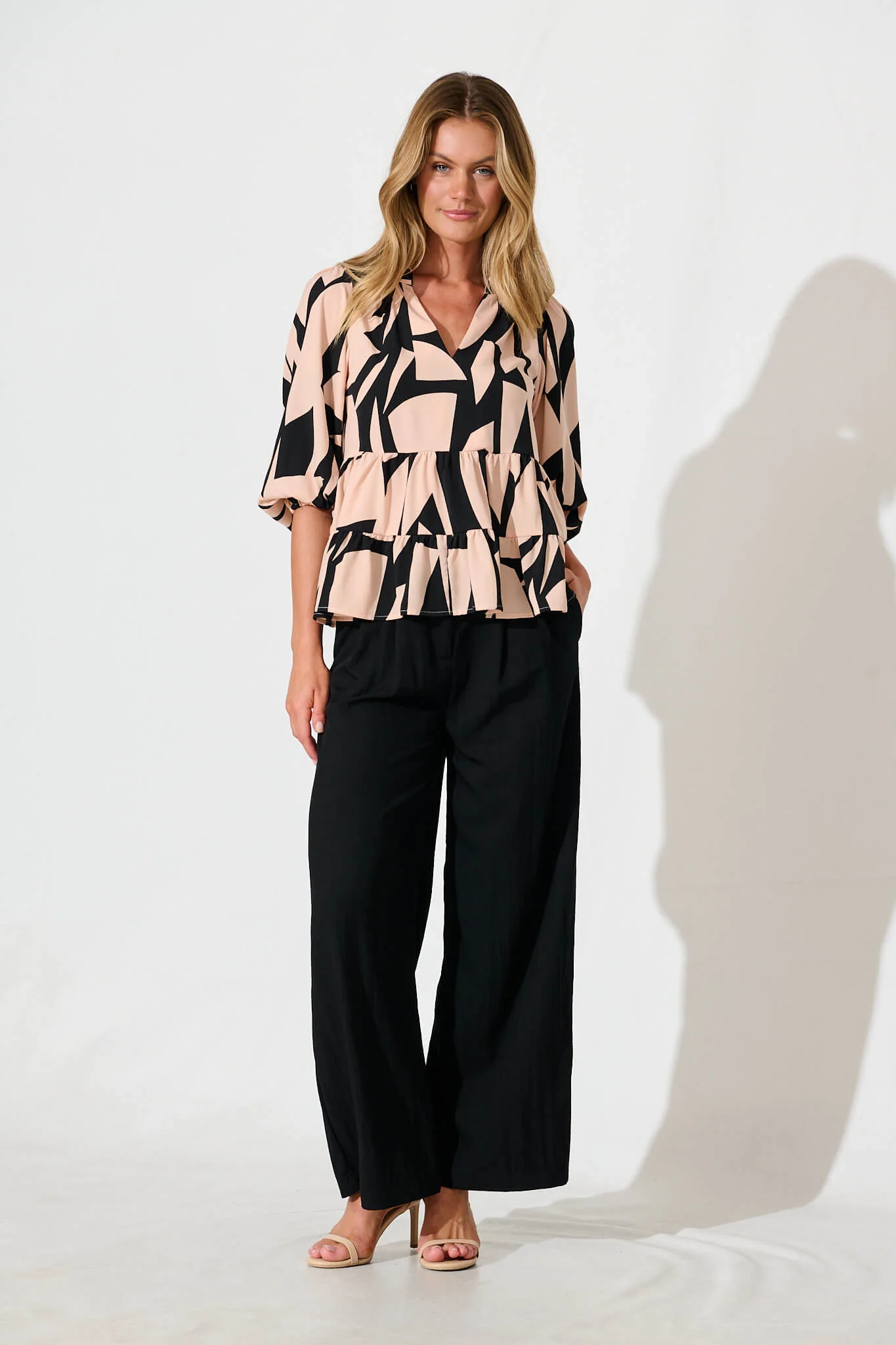 Talena Top in Black and Beige Geometric Print - Image 4