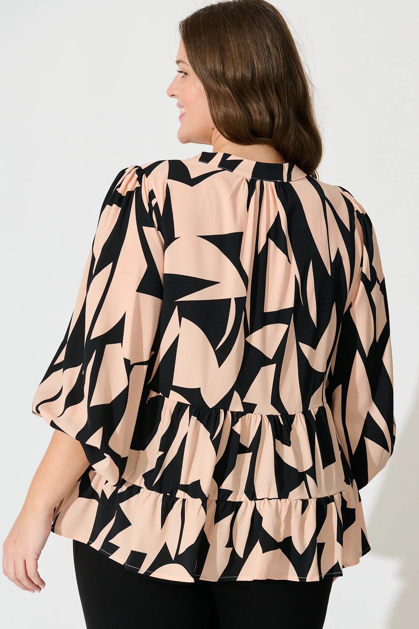 Talena Top in Black and Beige Geometric Print - Image 9