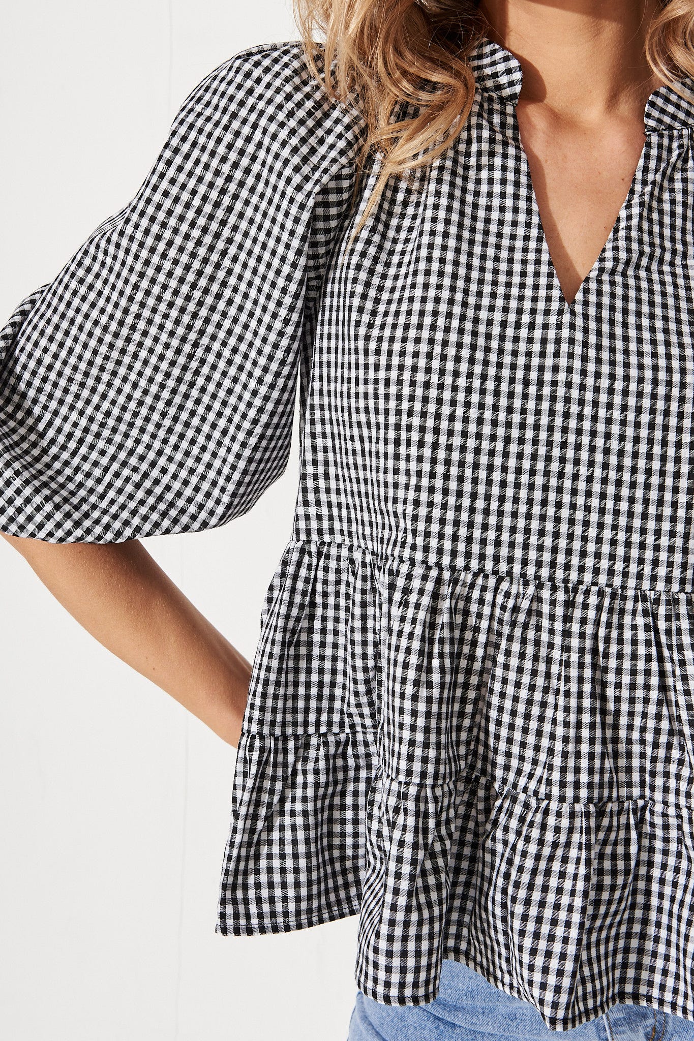 Talena Top In Black And White Gingham Cotton - Image 6