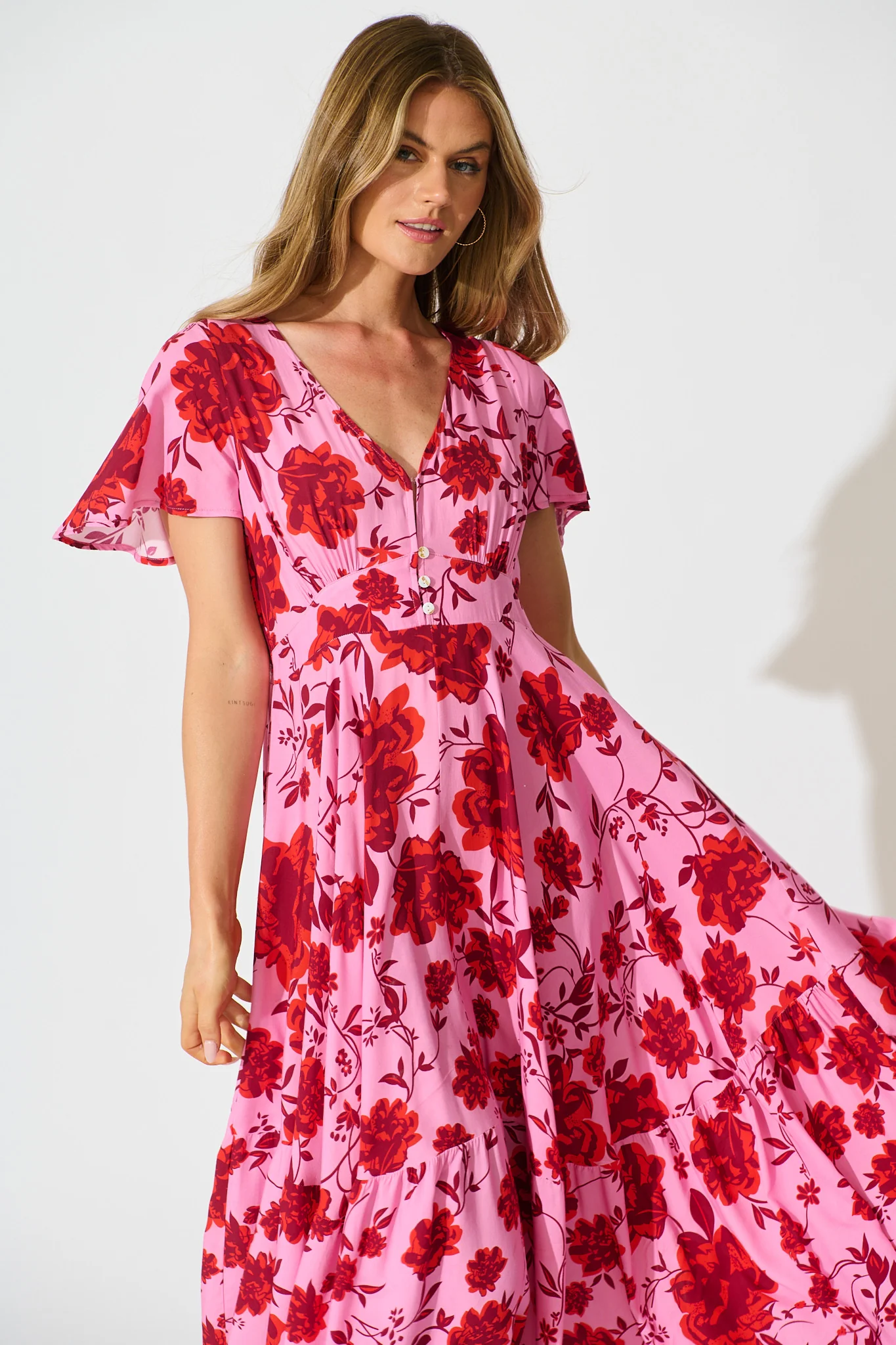 Talise Maxi Dress in Pink with Red Floral Print - Image 2