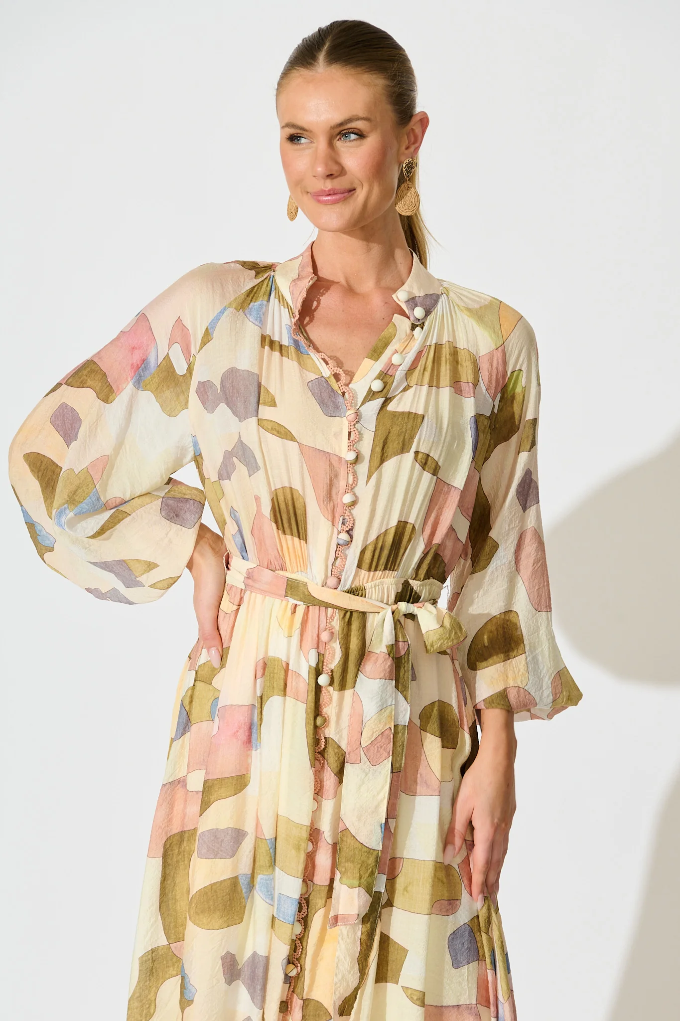 Tamia Midi Dress in Brown with Multi Print - Image 2