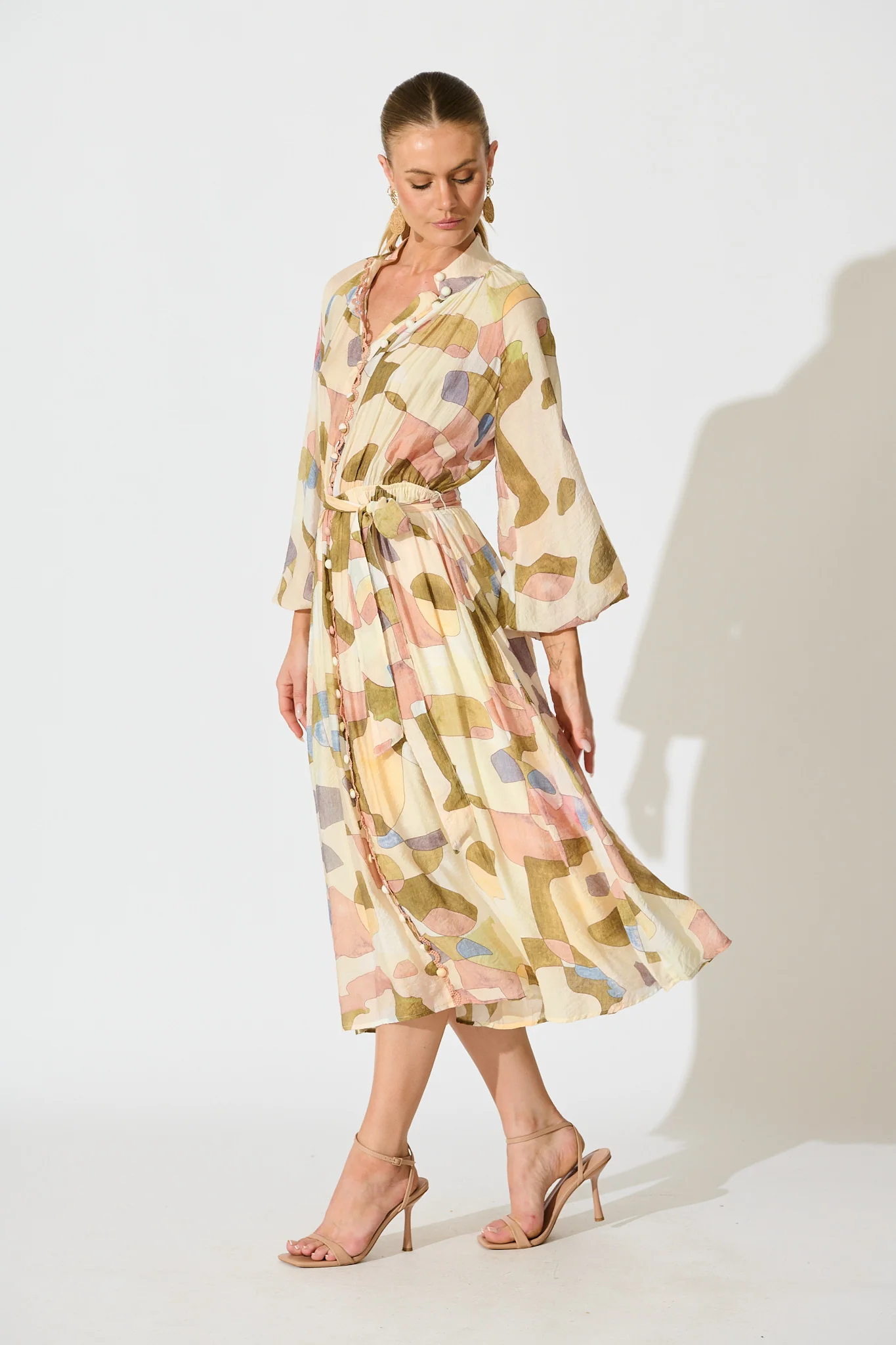 Tamia Midi Dress in Brown with Multi Print - Image 3