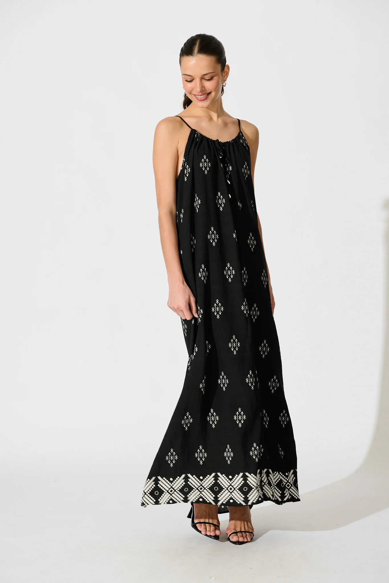 Tansy Maxi Dress in Black with White Linen Blend