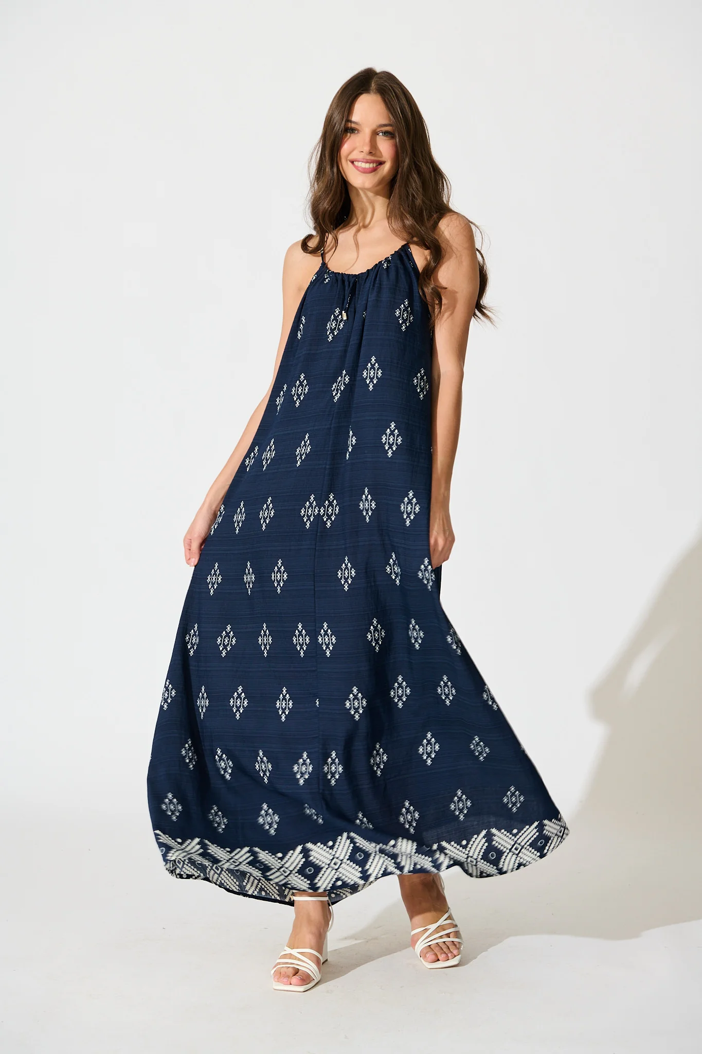 Tansy Maxi Dress in Navy with White Linen Blend