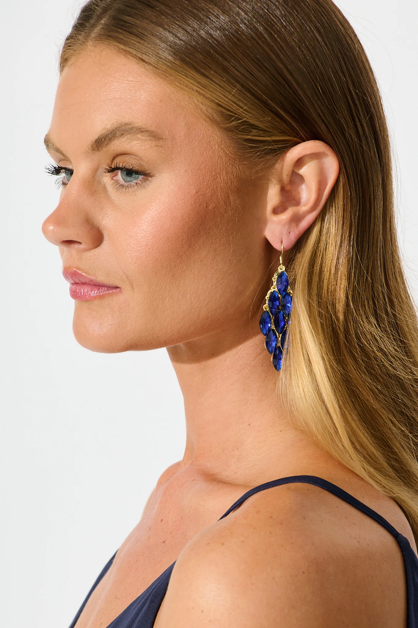 Tanya Drop Earrings in Gold with Navy Stones - Image 4