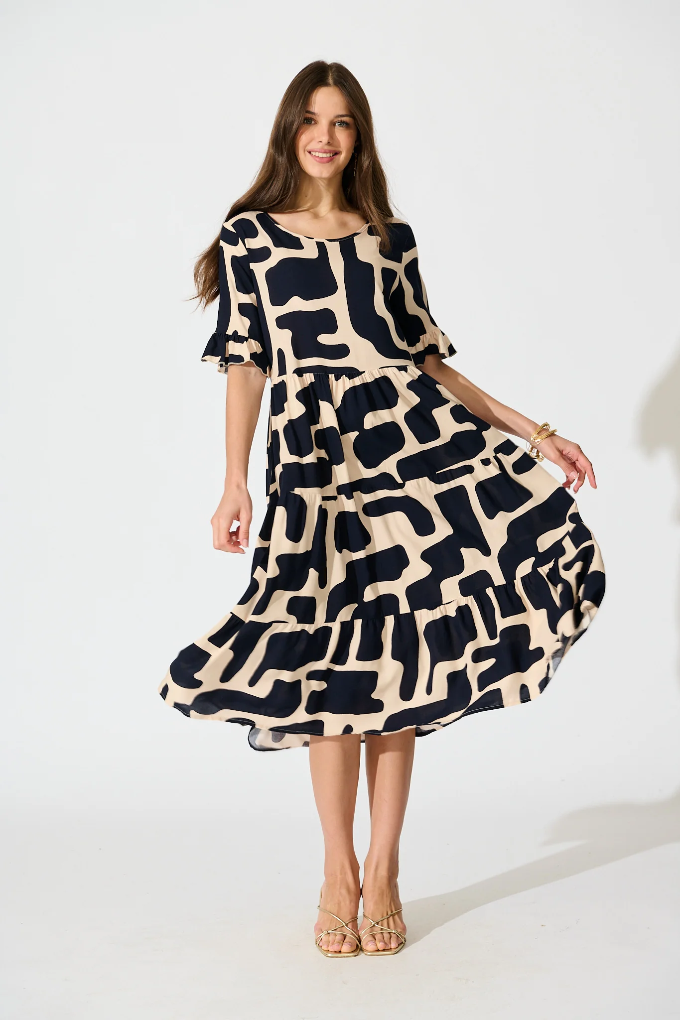 Tarah Midi Smock Dress in Black and Beige Geometric Print