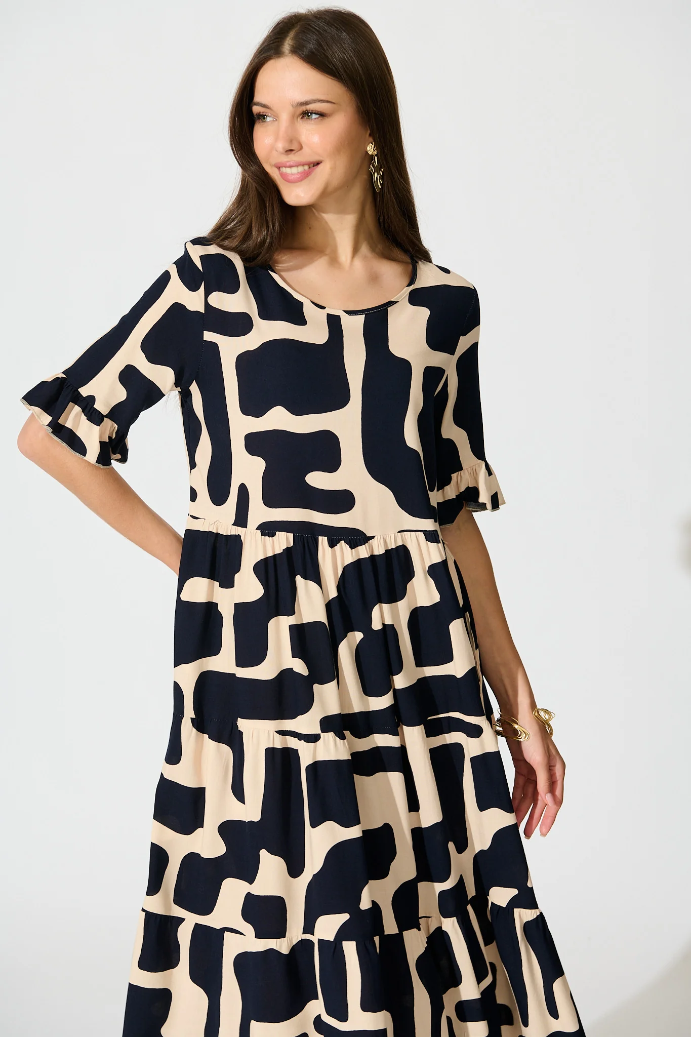 Tarah Midi Smock Dress in Black and Beige Geometric Print - Image 2