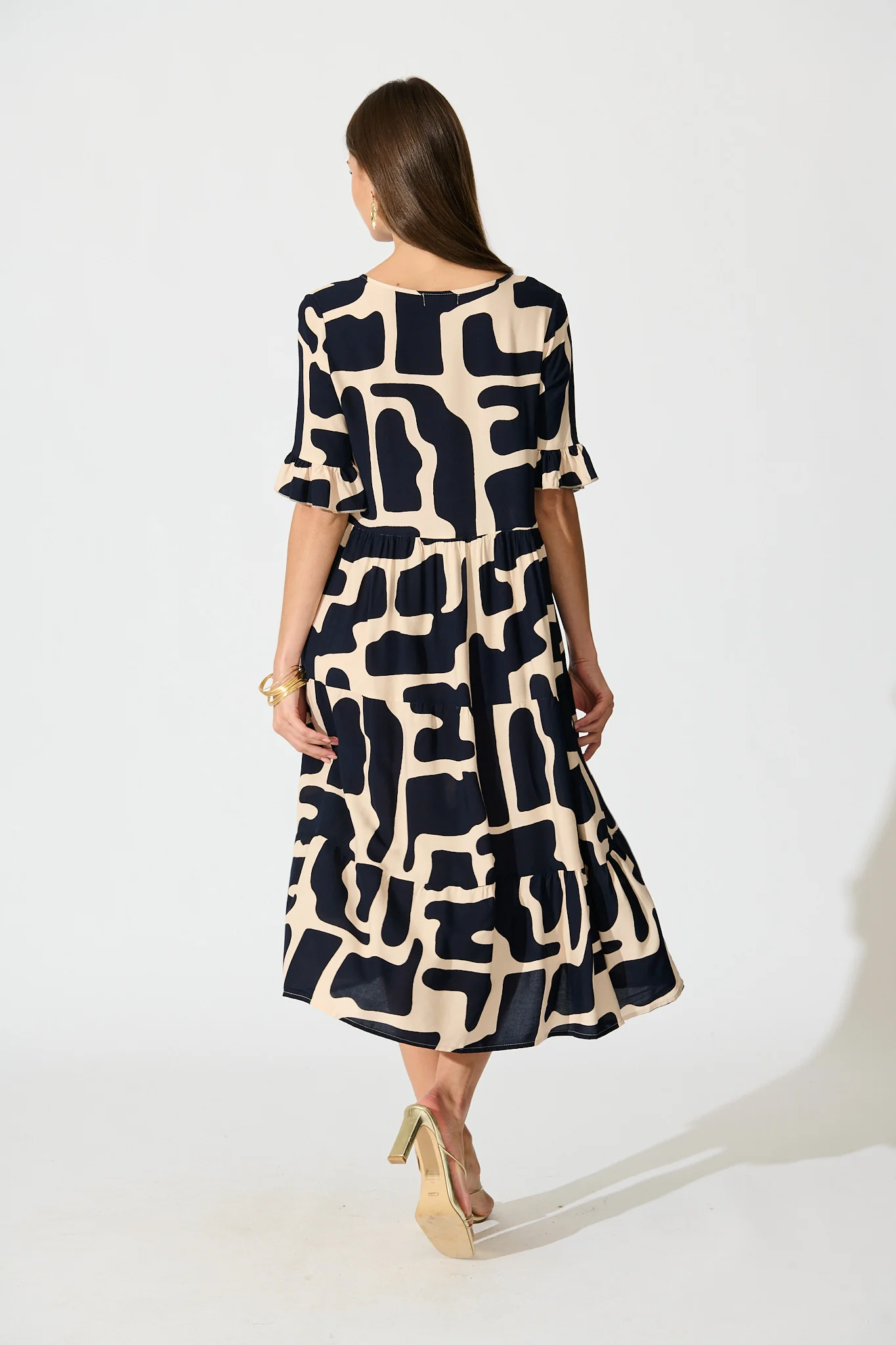 Tarah Midi Smock Dress in Black and Beige Geometric Print - Image 4