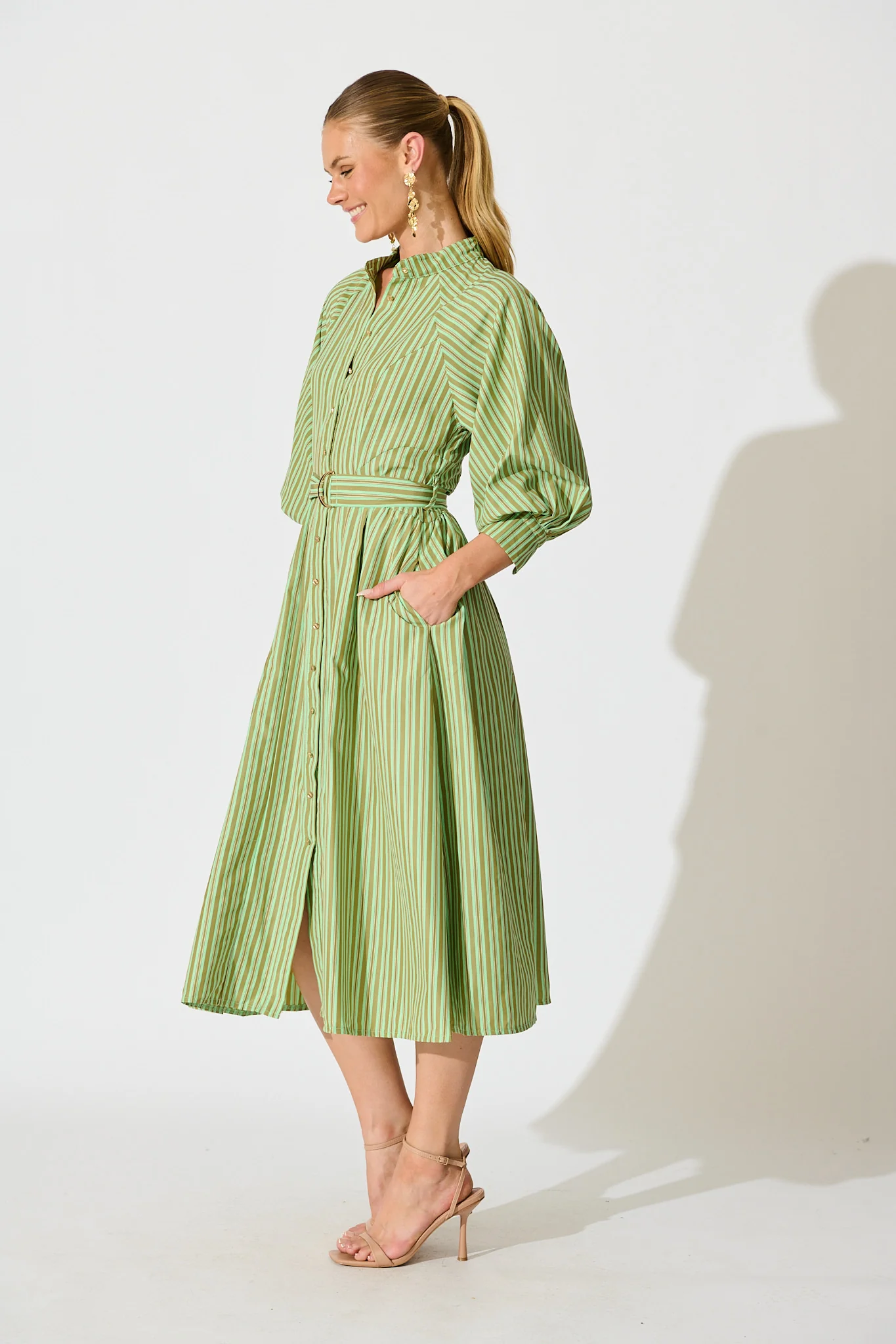 Tatiana Midi Shirt Dress in Green Stripe Cotton Blend - Image 3