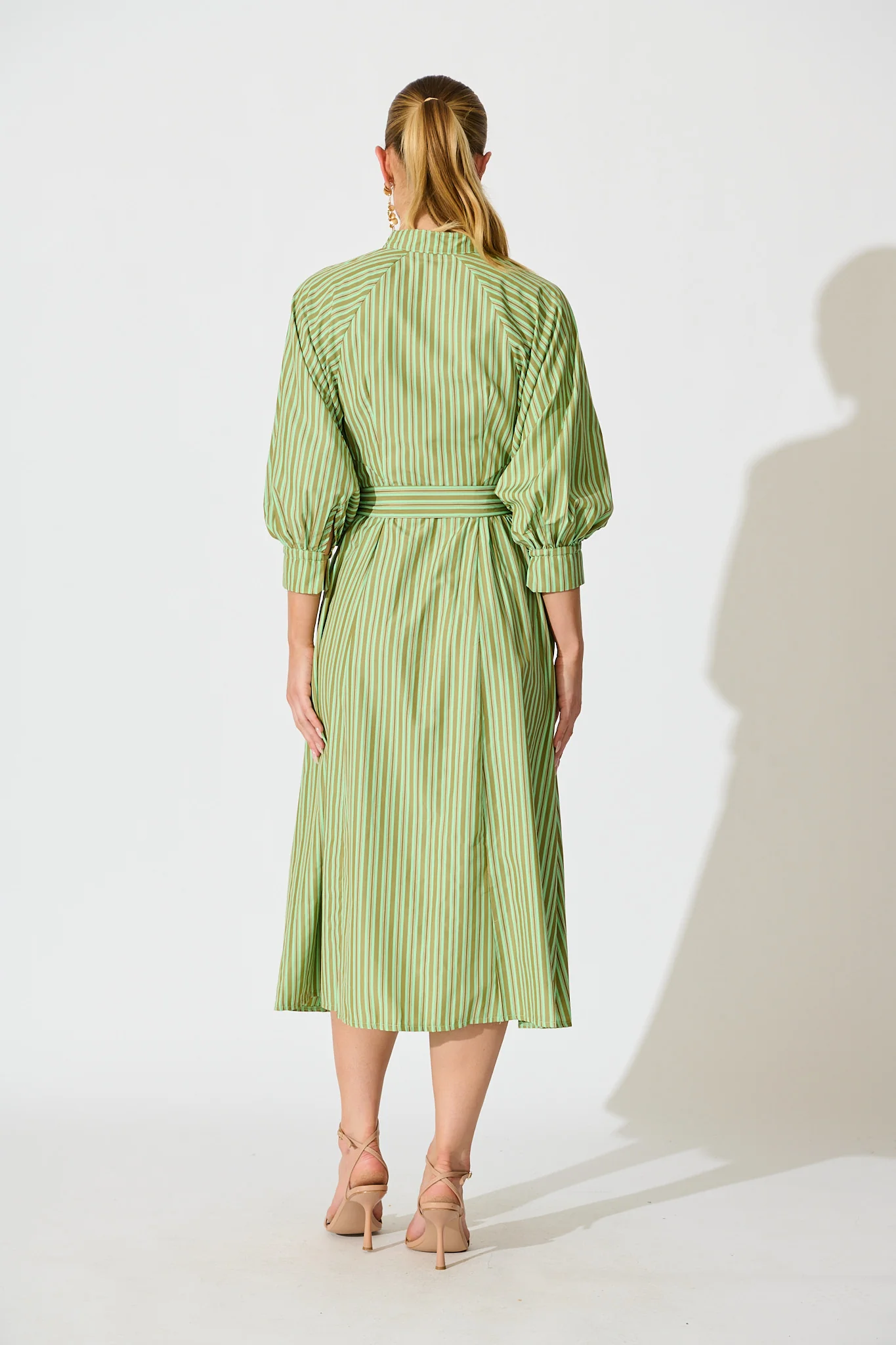 Tatiana Midi Shirt Dress in Green Stripe Cotton Blend - Image 4