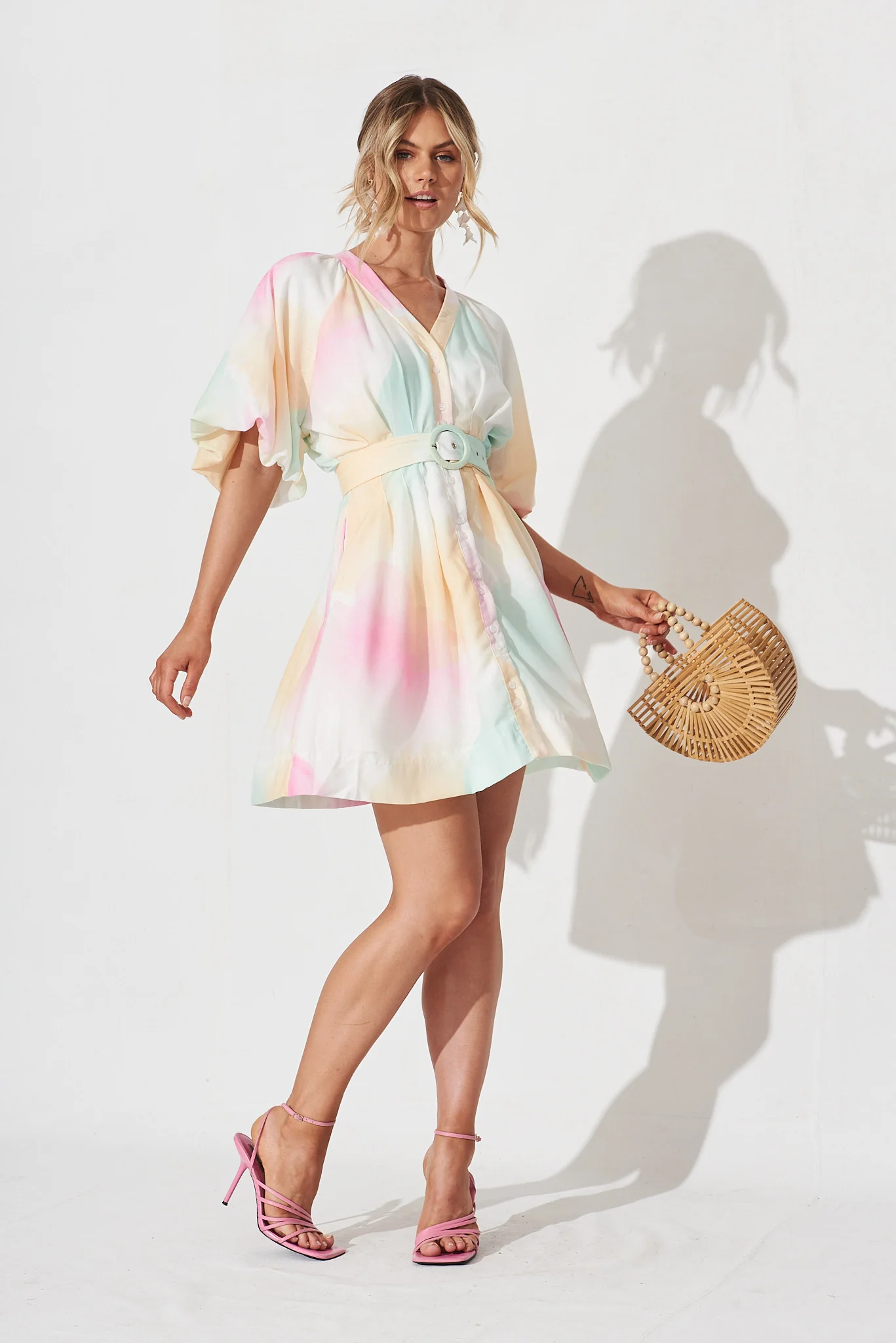 Teagan Dress In White With Multi Watercolour Linen Blend - Image 3