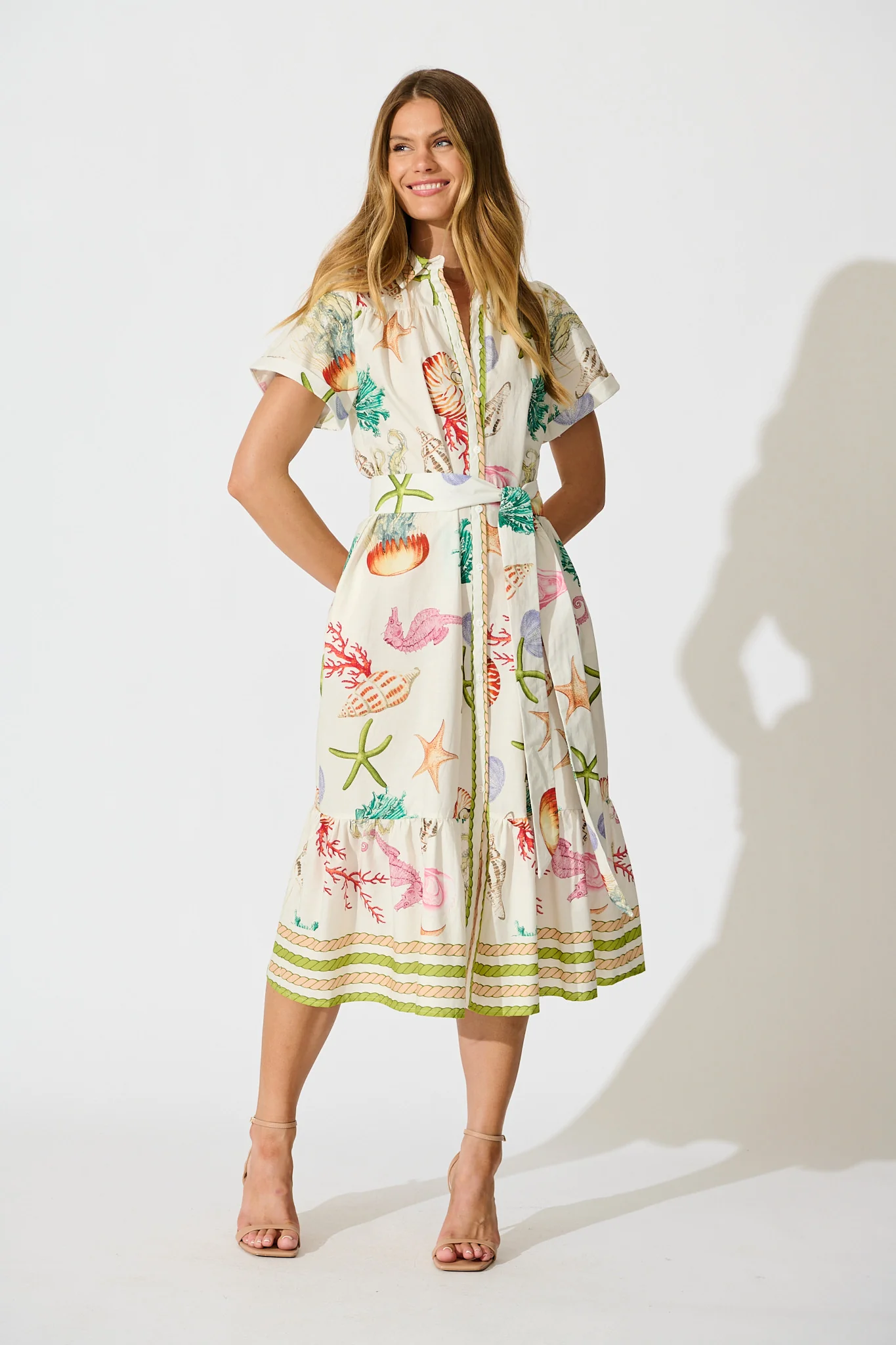 Terah Midi Shirt Dress in White with Multi Seashell Cotton
