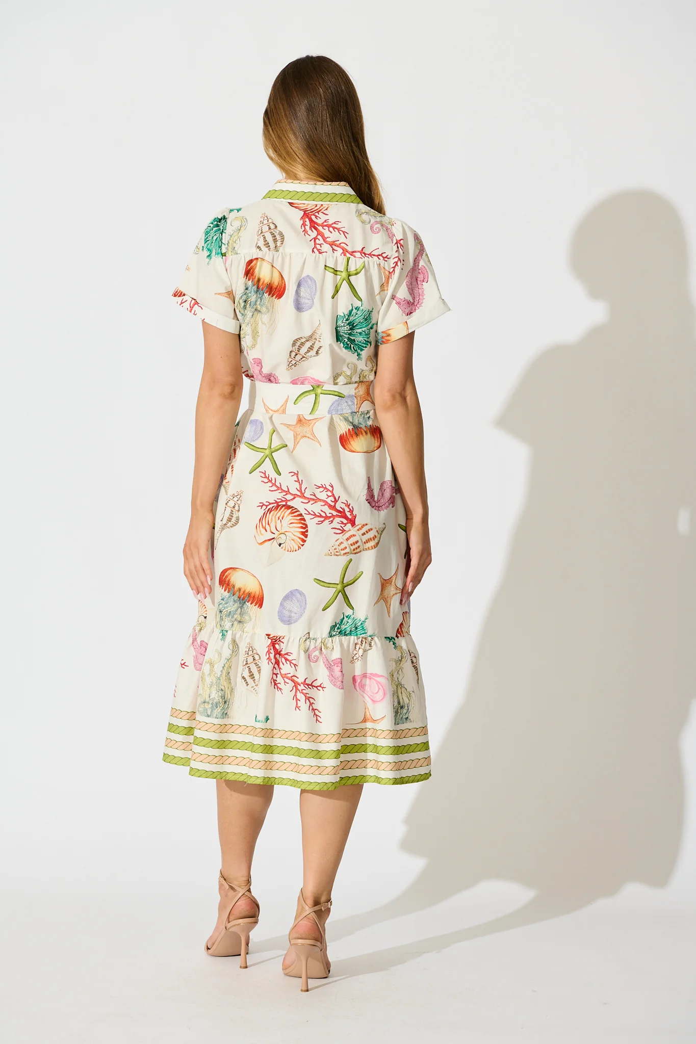 Terah Midi Shirt Dress in White with Multi Seashell Cotton - Image 4