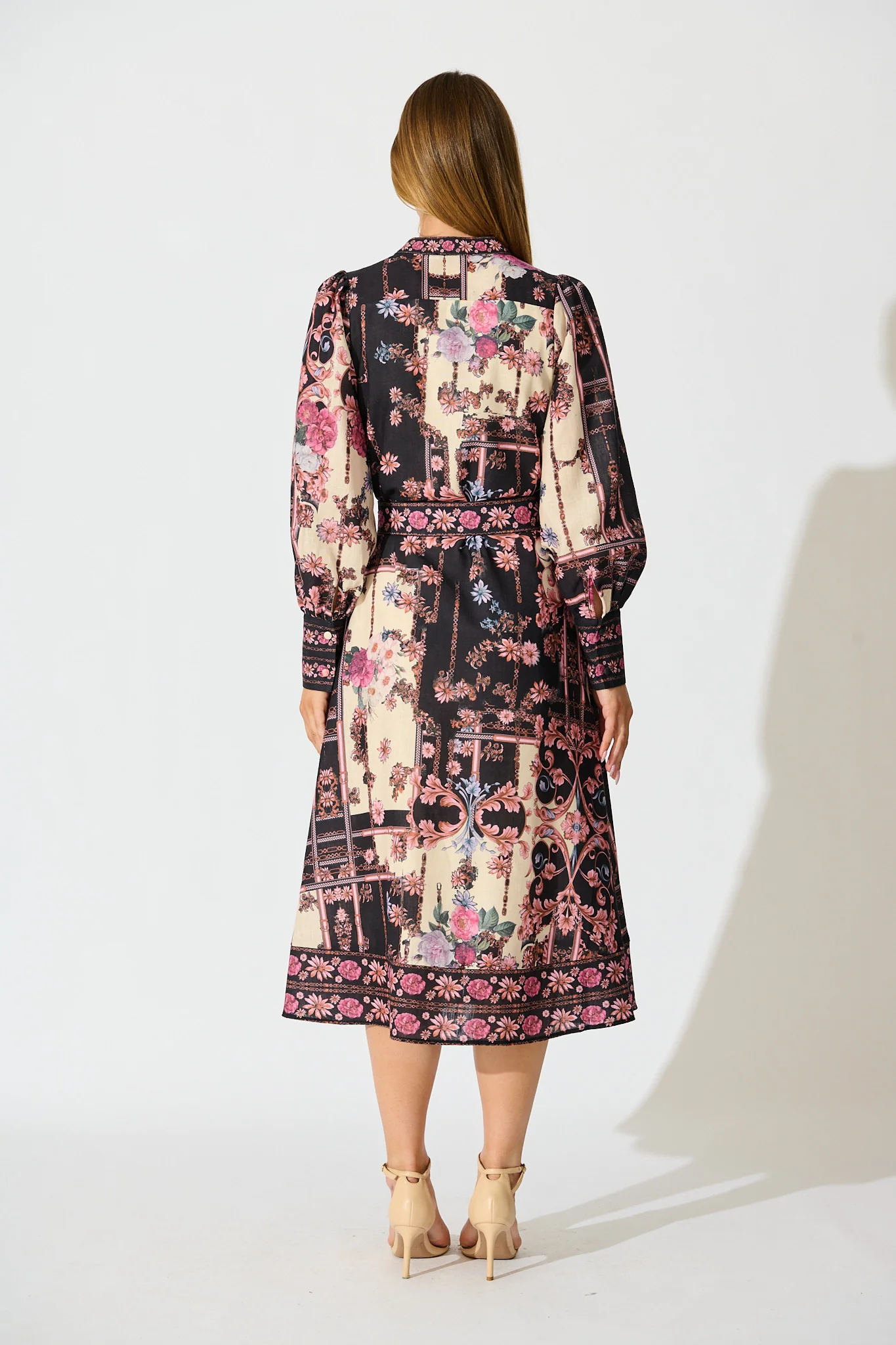 The Etched Garden Midi Dress in Black and Blush Patchwork Floral - Image 4