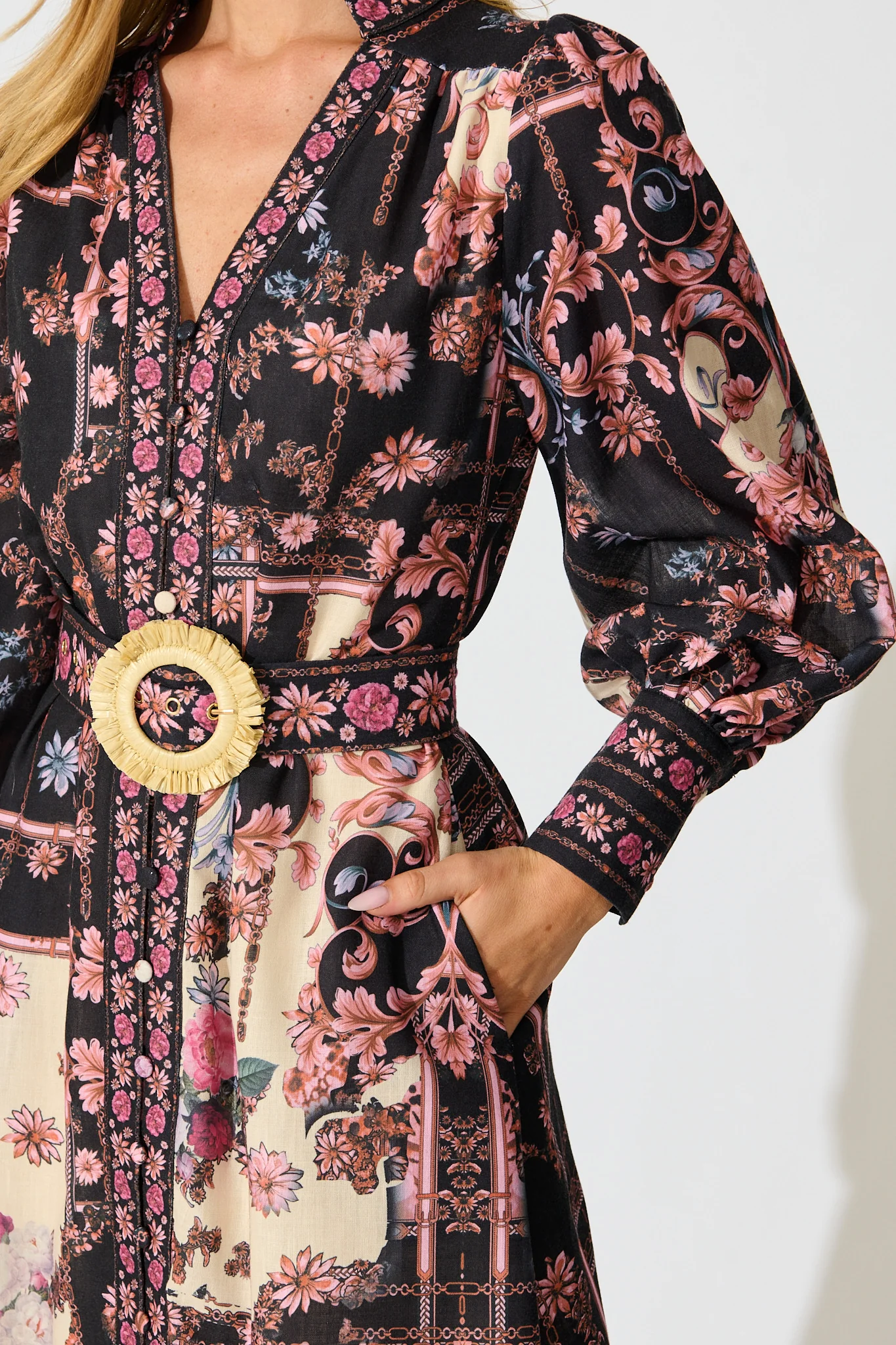 The Etched Garden Midi Dress in Black and Blush Patchwork Floral - Image 5
