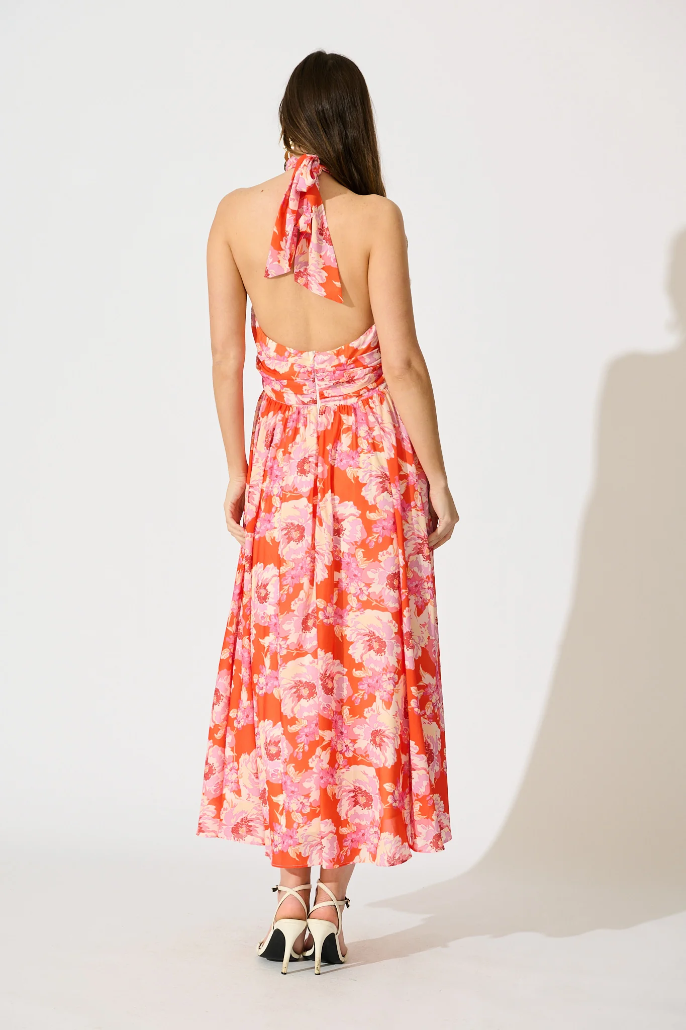 Theodora Halter Neck Maxi Dress In Red Floral Chiffon - Image 4