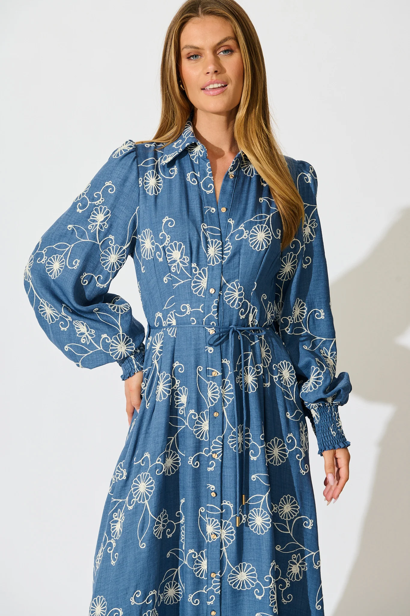 Thread and Soul Maxi Shirt Dress in Blue Chambray Embroidery - Image 2