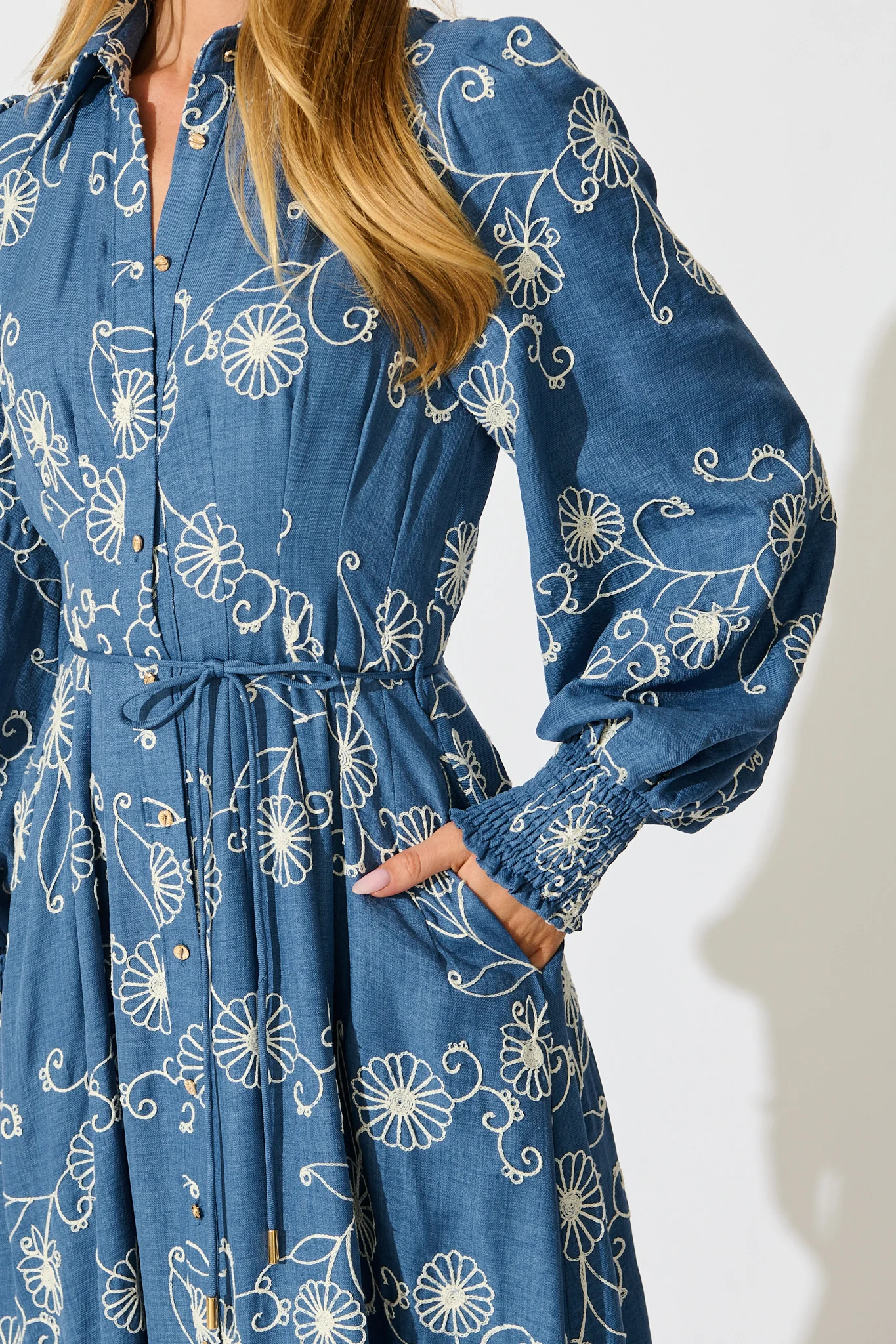 Thread and Soul Maxi Shirt Dress in Blue Chambray Embroidery - Image 5