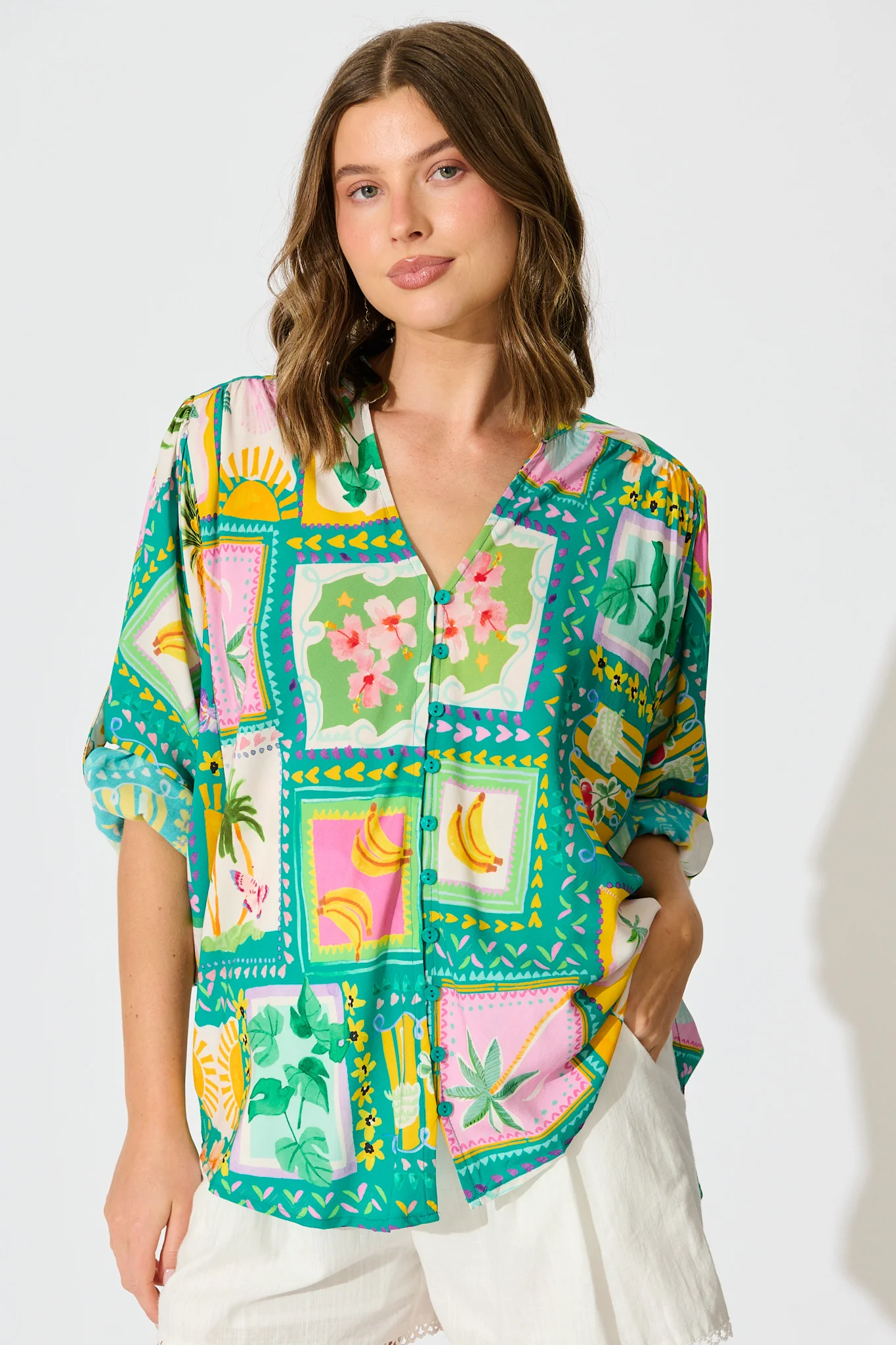 Tile Tropicana Top in Green with Multi Tile Print - Image 3