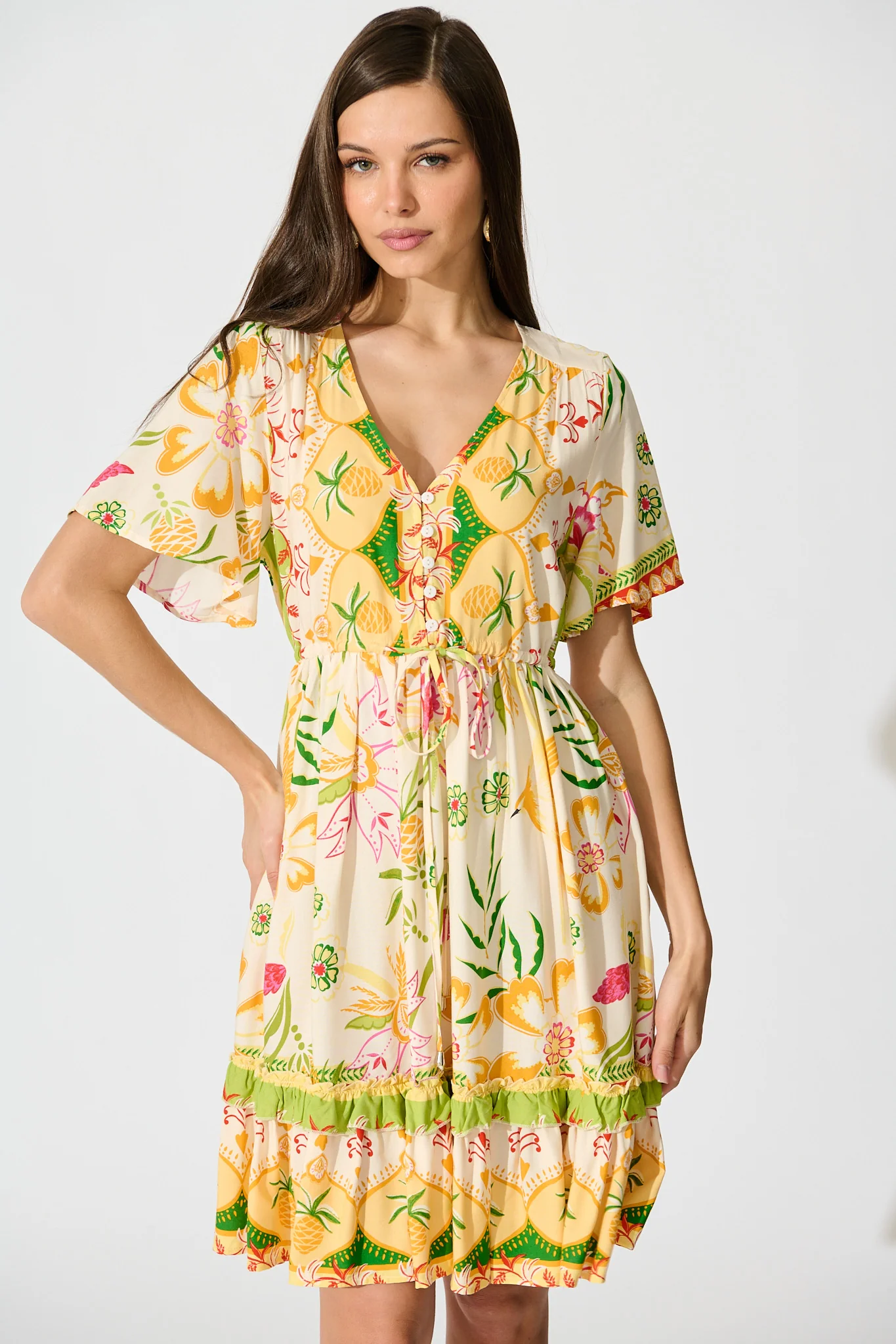 Tiley Dress in Beige with Multi Floral Print - Image 2