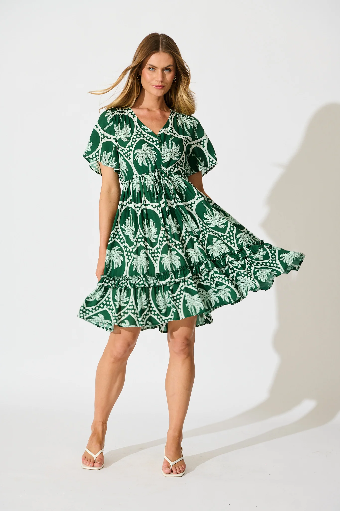 Tiley Dress in Green Palm Tree Tiles Print