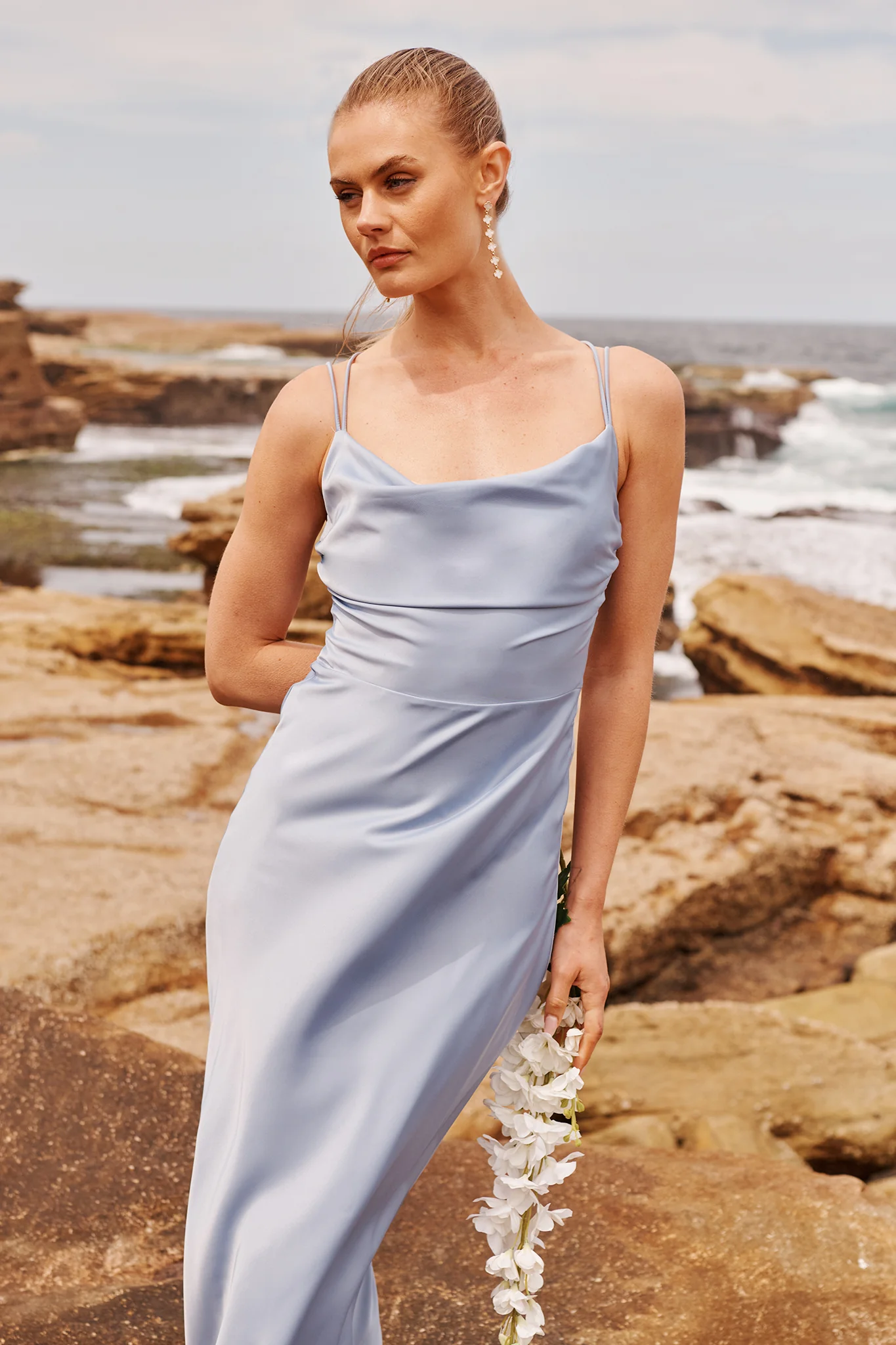 Timeless Whispers Maxi Dress in Ice Blue Satin - Image 2