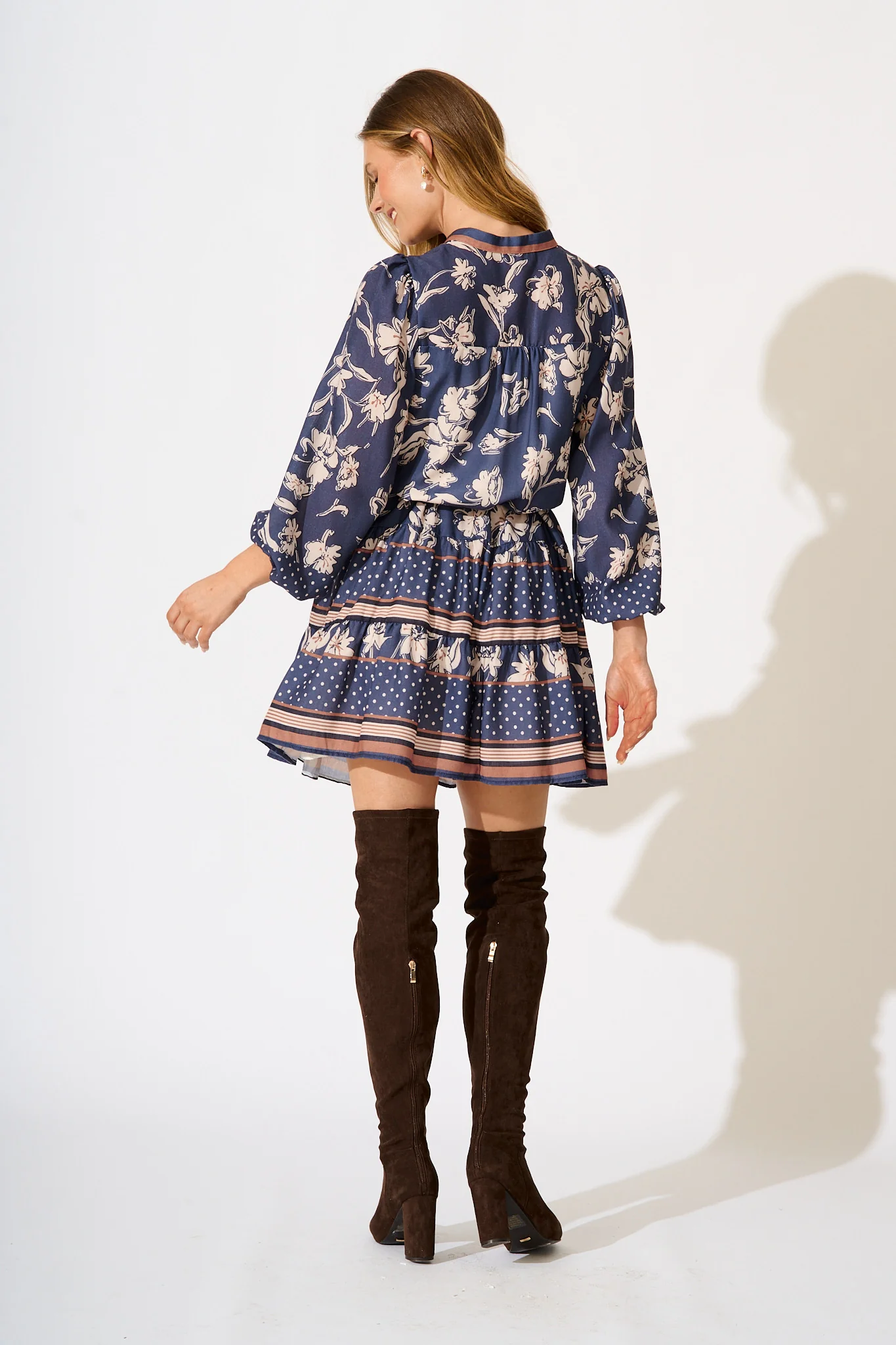 Torie Dress in Navy with Cream Floral Linen Blend - Image 4